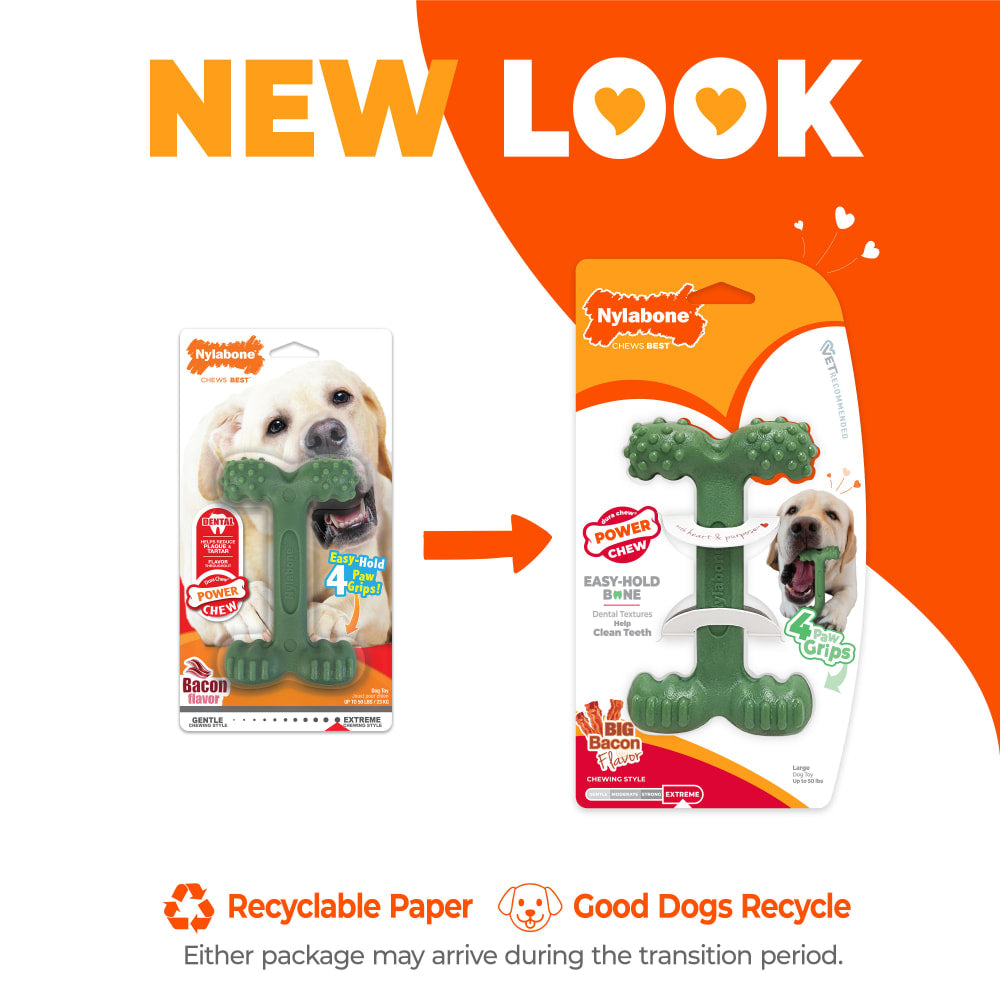 Nylabone Power Chew Easy Hold Bone packaging comparison, either package may arrive during the transition