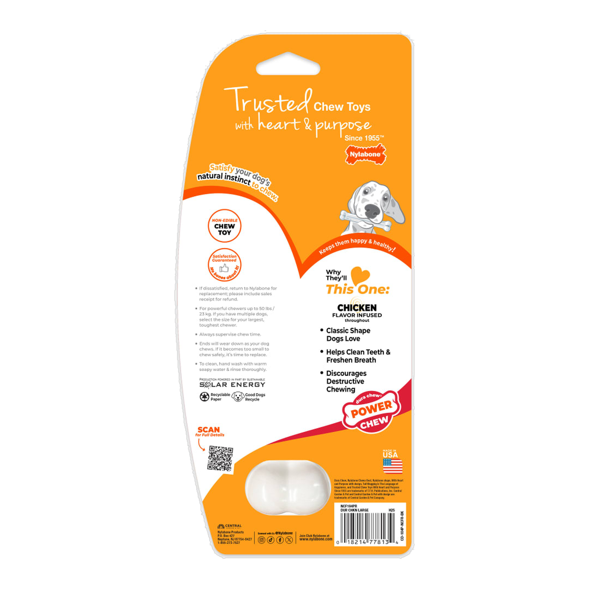Nylabone Power Chew Original Bone package back with care and safety information (Chicken, Large)
