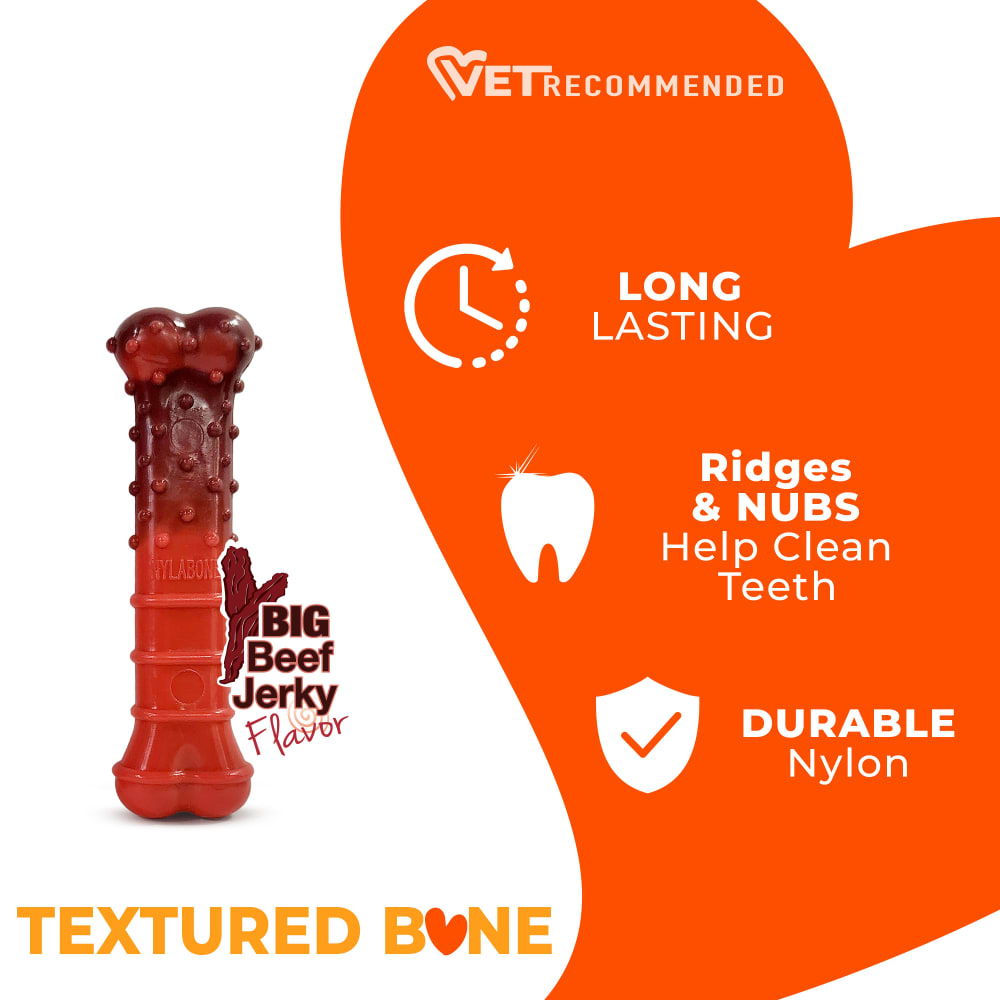 Textured bone features: vet recommended, long lasting, ridges and nubs help clean teeth, durable nylon