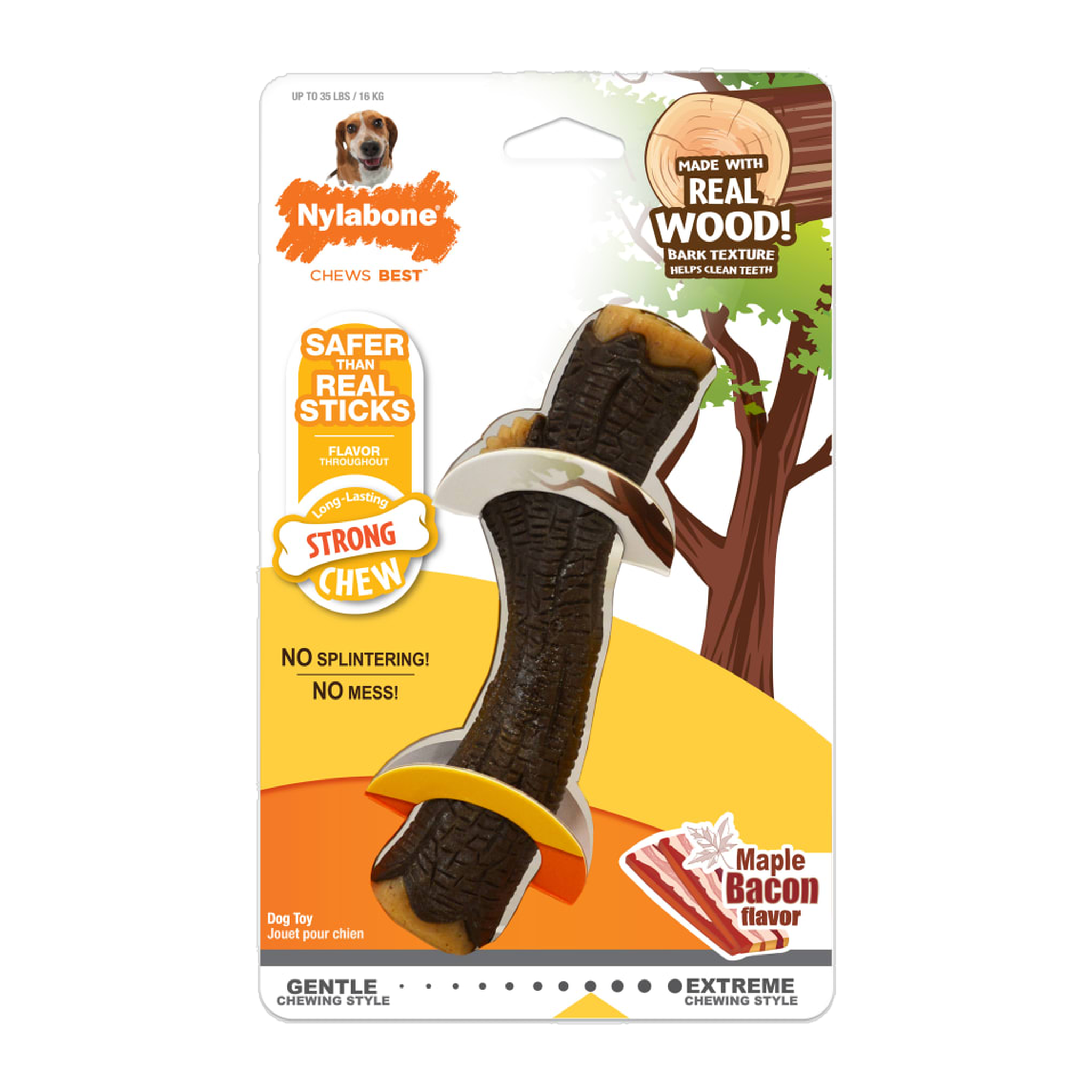 Nylabone Strong Chew Real Wood Stick dog toy in maple bacon flavor, Medium size, front of package