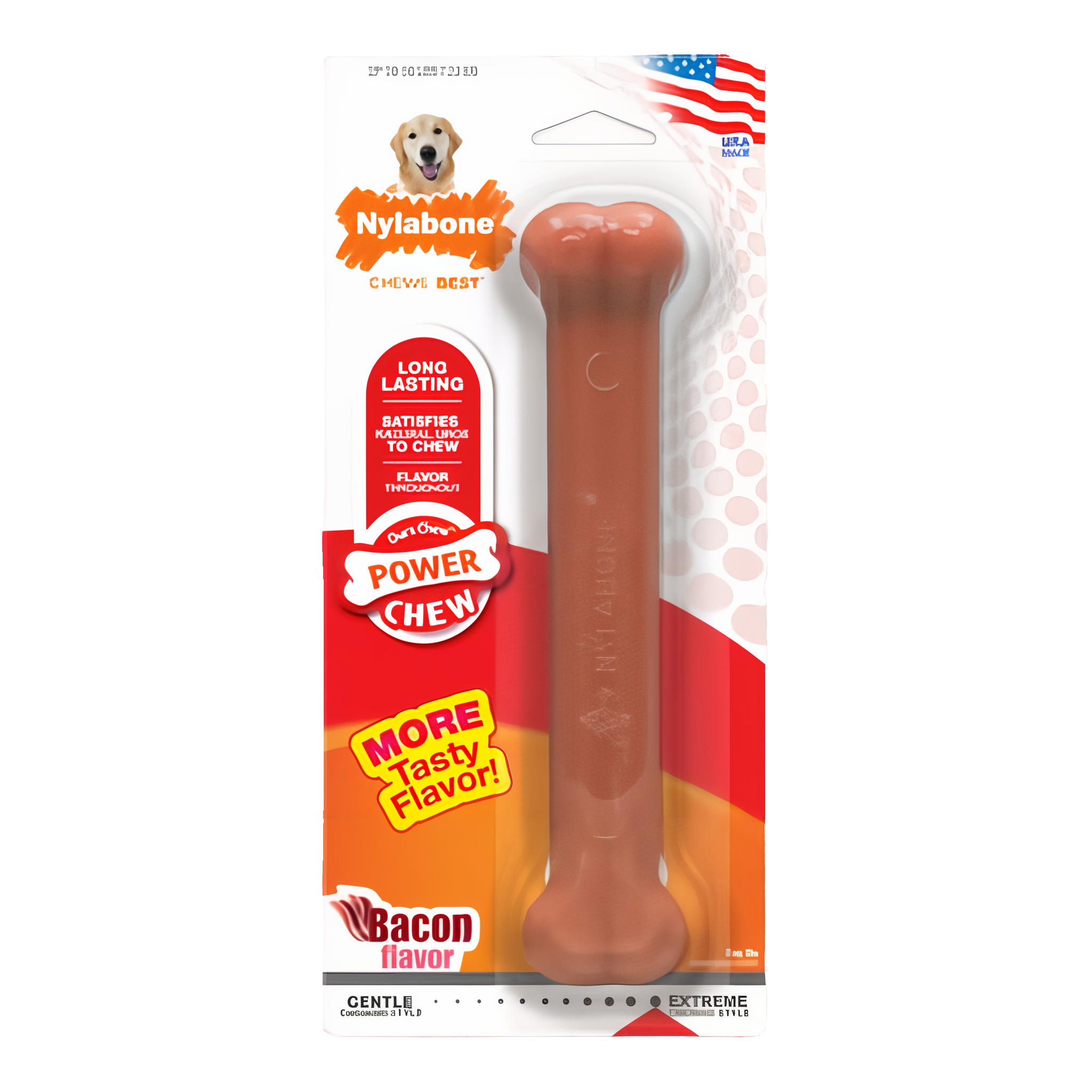 Large Nylabone Power Chew Original Bone Dog Chew Toy, bacon flavor.