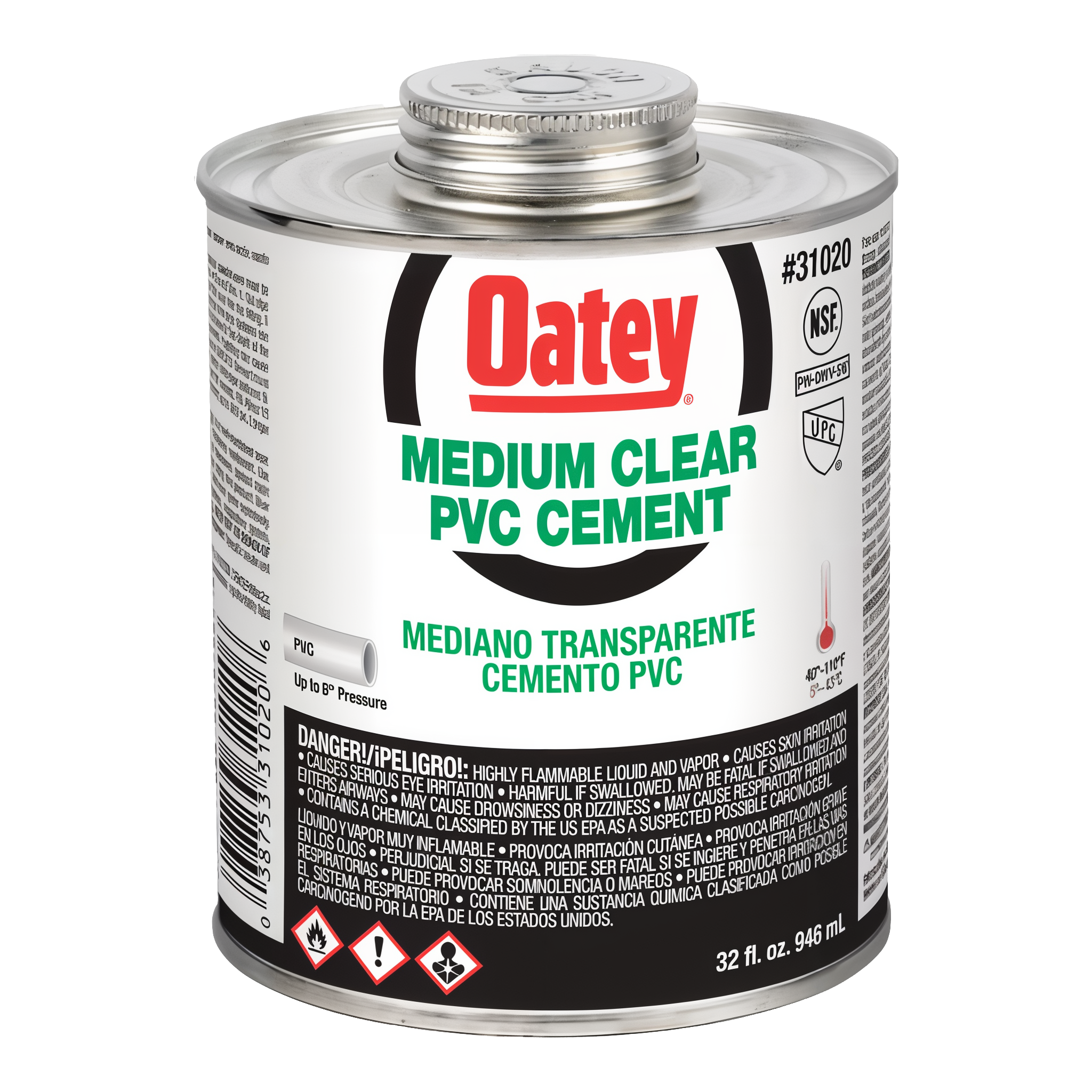 Oatey Medium Clear PVC Cement 32 fl oz can, clear-curing solvent weld