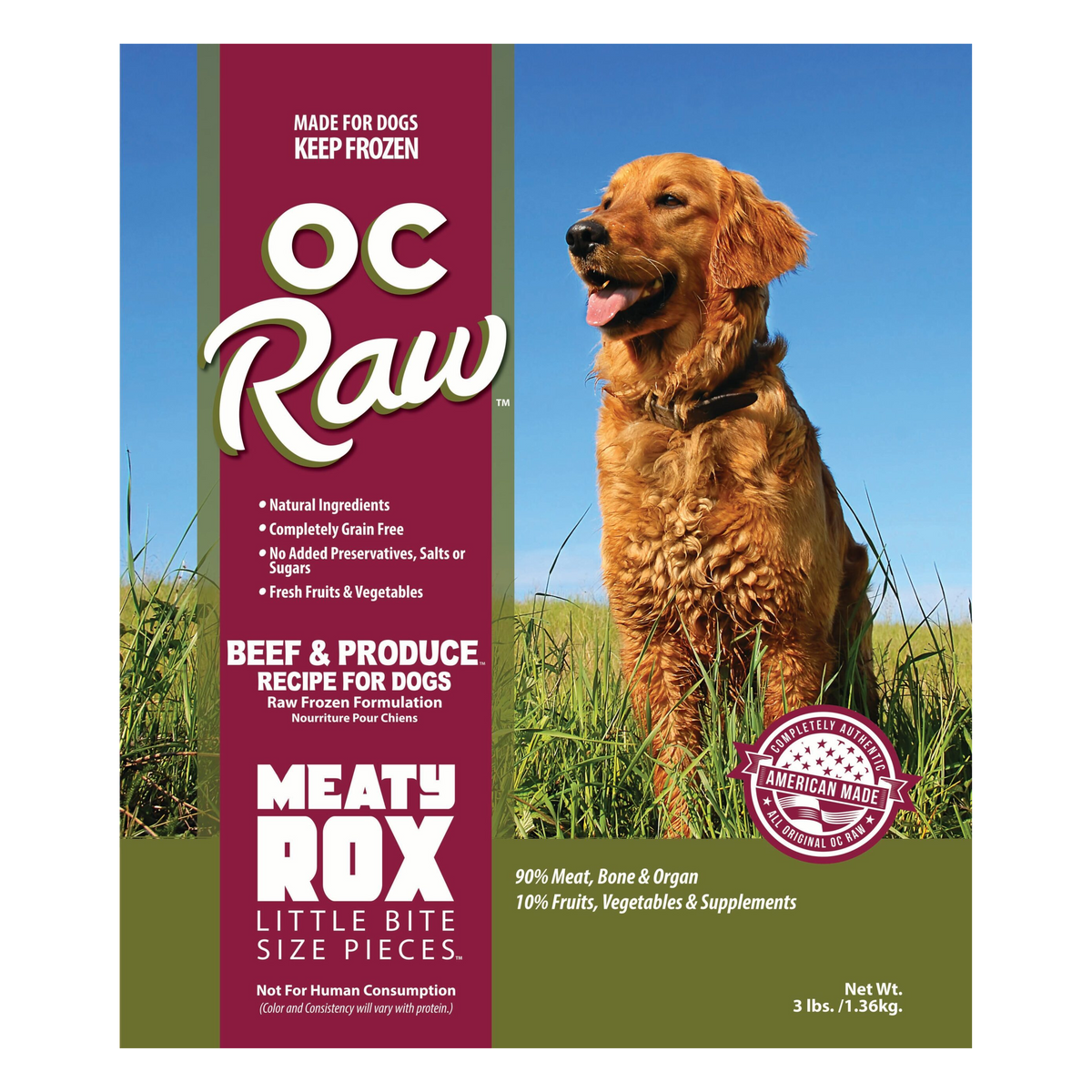 OC Raw Dog Beef & Produce Meaty Rox Frozen Raw Dog Food 3 lb -- package front
