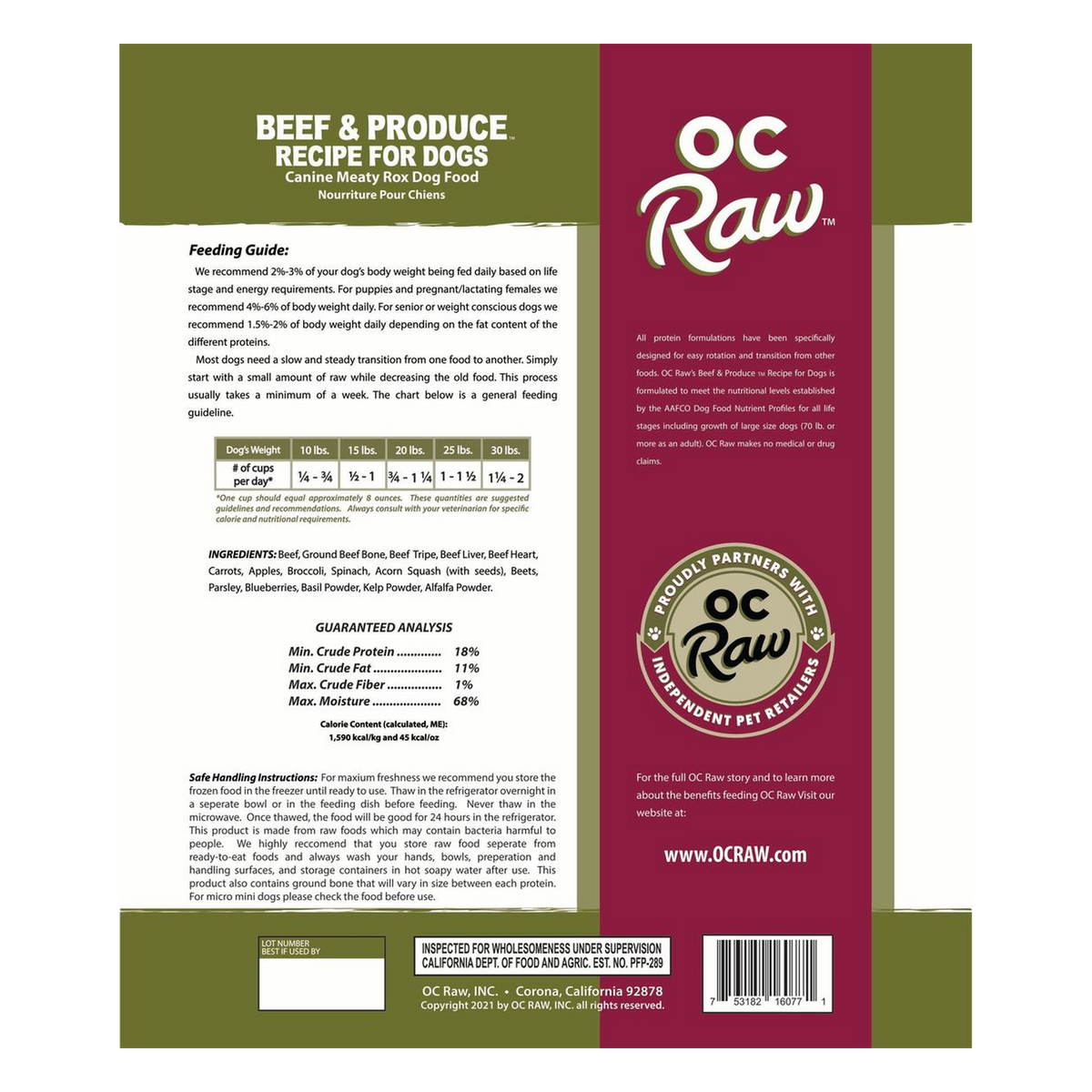 OC Raw Dog Beef & Produce Meaty Rox Frozen Raw Dog Food 3 lb -- package front