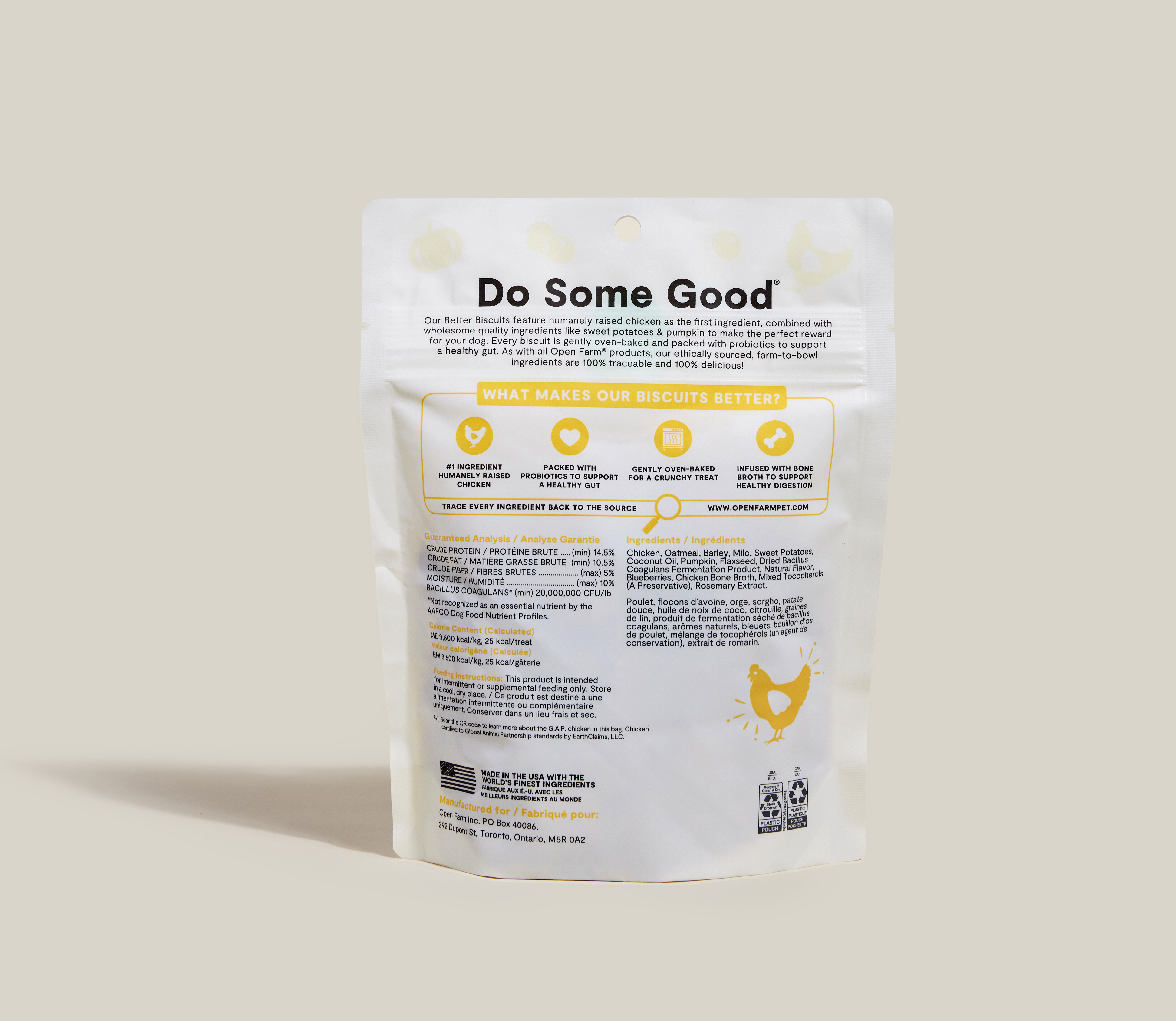 Open Farm Better Biscuits back of bag with ingredients and guaranteed analysis