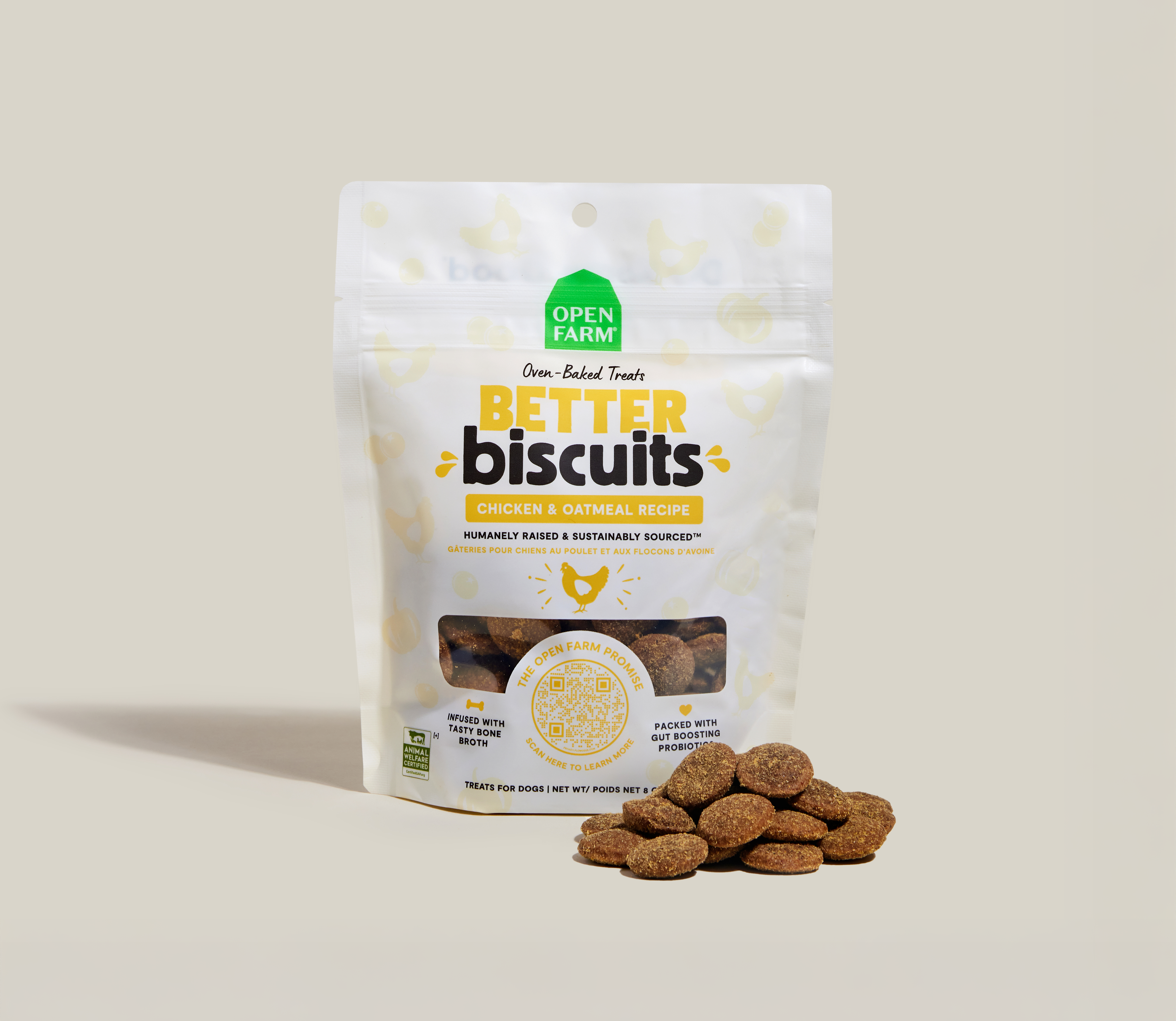 Open Farm Better Biscuits with a pile of oven-baked biscuits