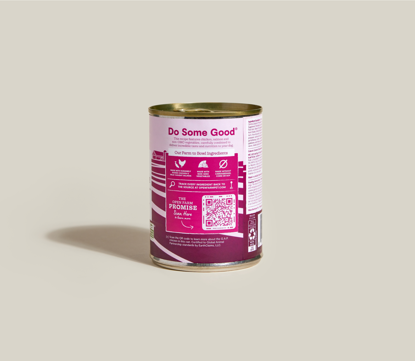 Open Farm Chicken & Salmon Pâté for Dogs 12.5 oz can back label with feeding guide