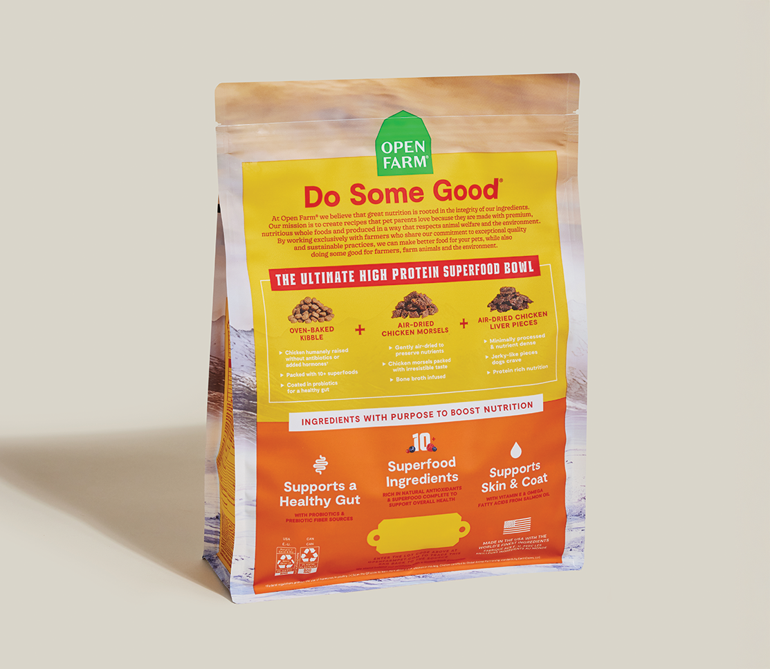 Open Farm Epic Blend Chicken & Superfood bag back with recipe details