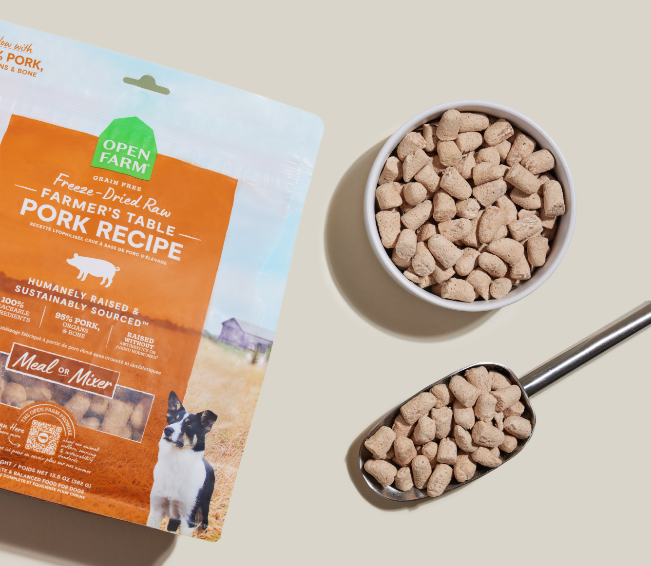 Open Farm Farmer's Table Pork freeze dried morsels in a bowl and measuring scoop
