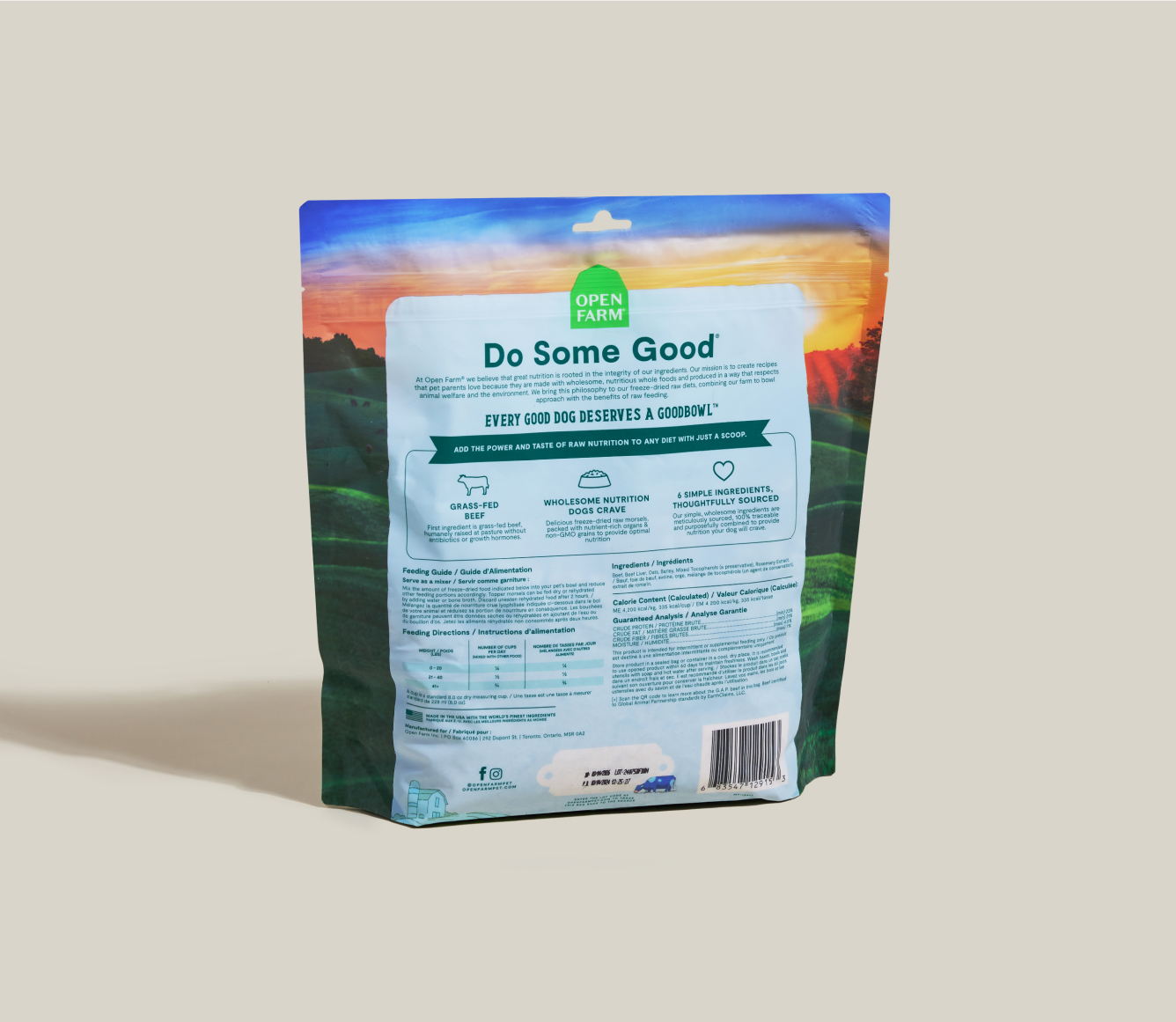 Open Farm Goodbowl Grass-Fed Beef meal topper bag back with ingredients and feeding guide
