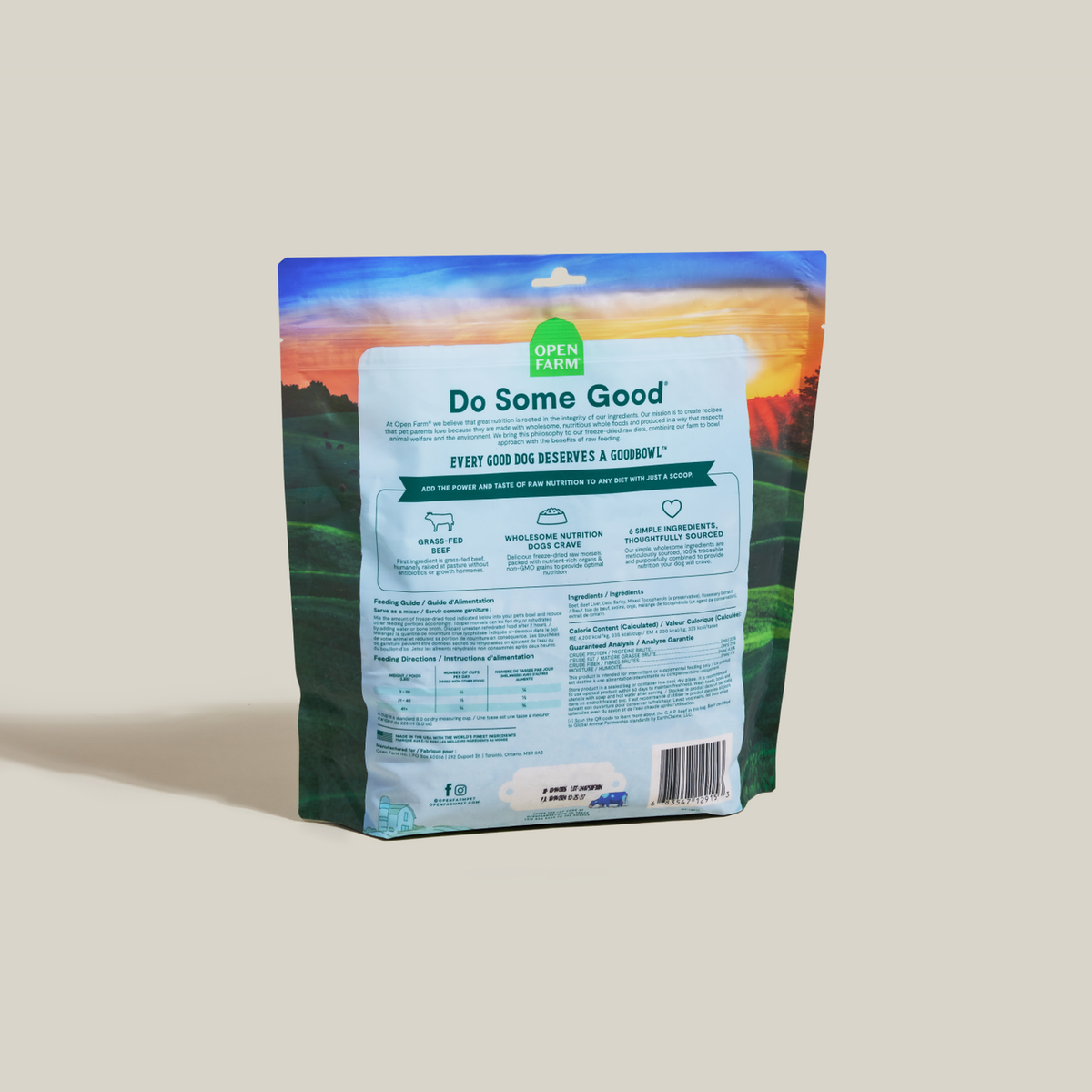 Open Farm Goodbowl Grass-Fed Beef Freeze Dried Raw Morsels for Dogs -- open farm goodbowl grass-fed beef meal topper bag back with ingredients and feeding guide