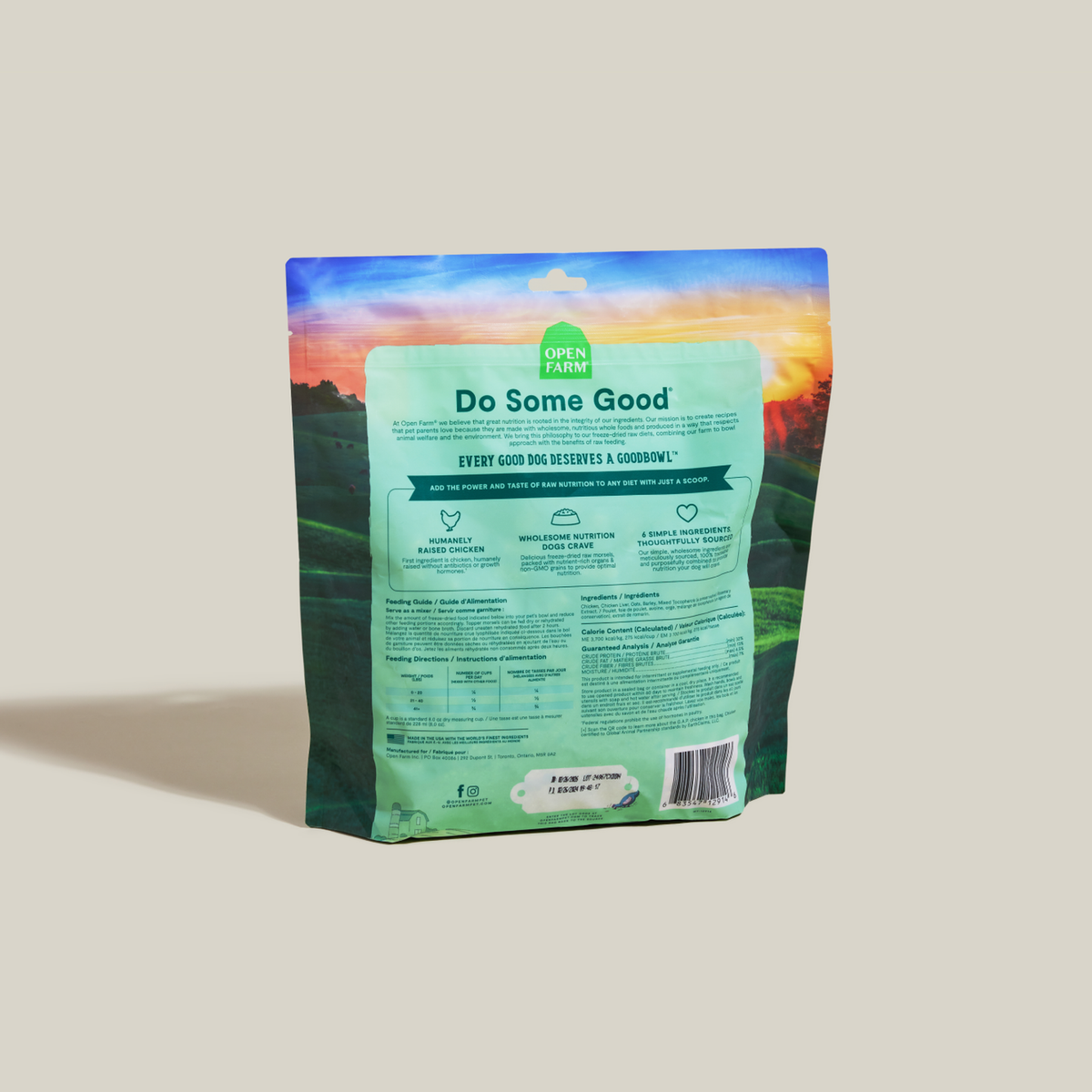Open Farm Goodbowl Harvest Chicken Freeze Dried Raw Morsels for Dogs -- open farm goodbowl harvest chicken meal topper bag back with ingredients and feeding guide