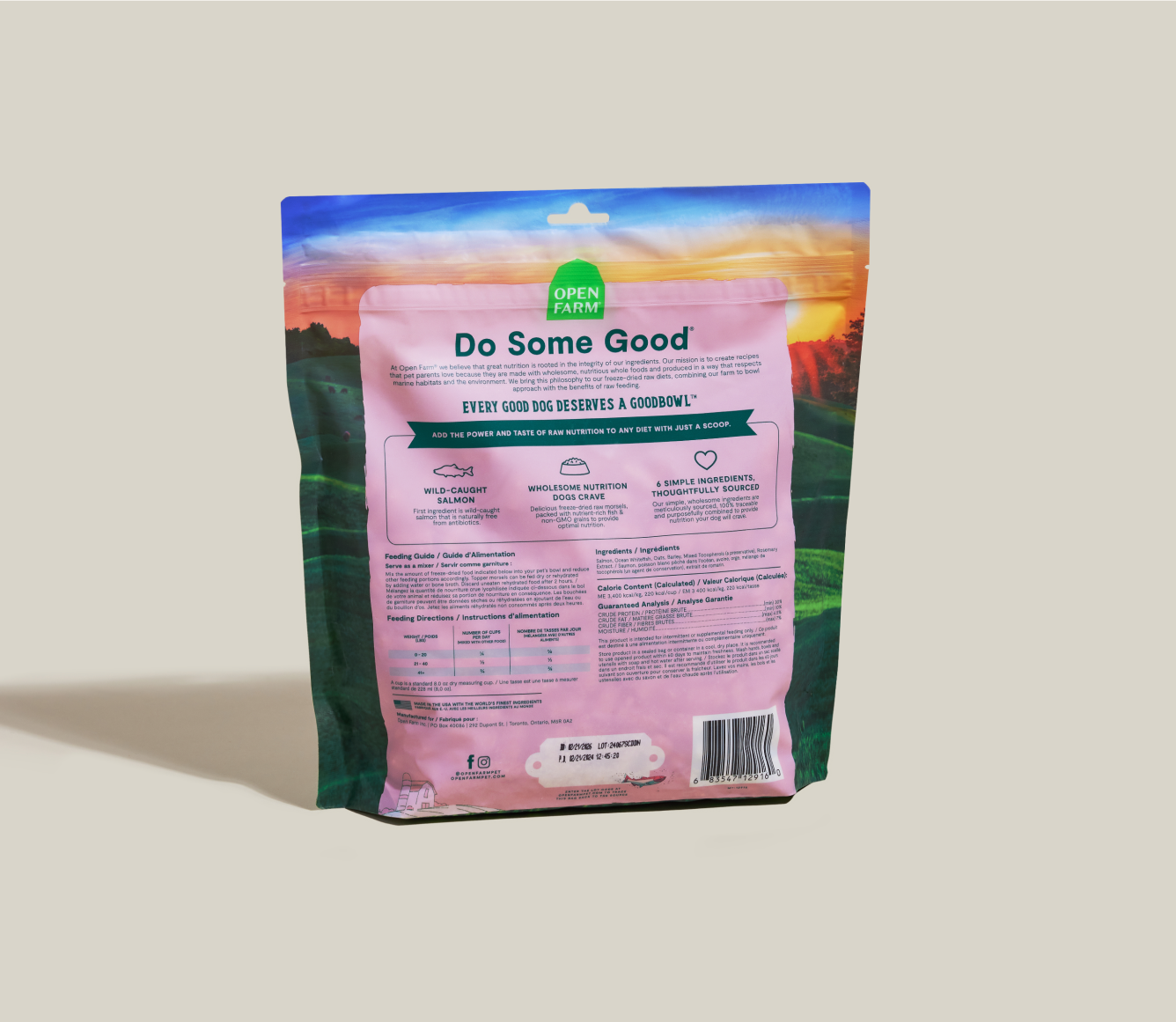 Open Farm Goodbowl Wild-Caught Salmon meal topper bag back with ingredients and feeding guide