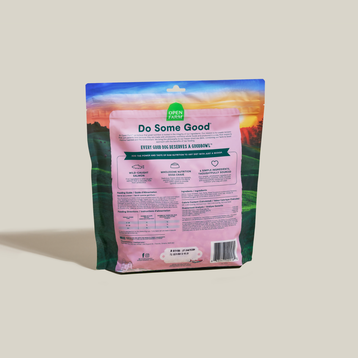 Open Farm Goodbowl Wild-Caught Salmon Freeze Dried Raw Morsels for Dogs -- open farm goodbowl wild-caught salmon meal topper bag back with ingredients and feeding guide