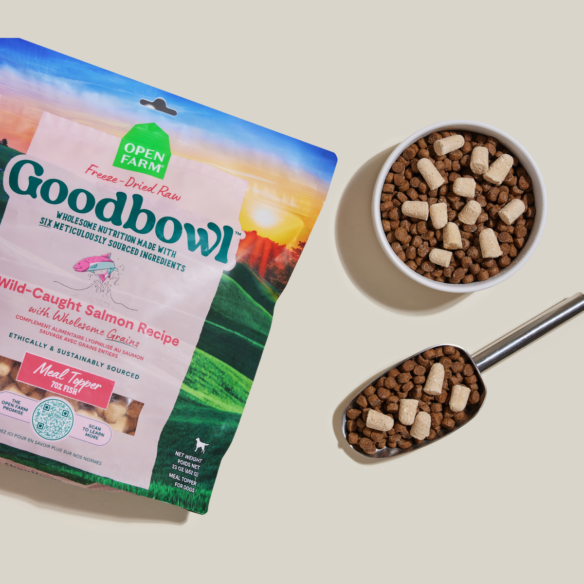 Open Farm Goodbowl Wild-Caught Salmon Freeze Dried Raw Morsels for Dogs -- open farm goodbowl wild-caught salmon morsels mixed in a bowl and measuring scoop