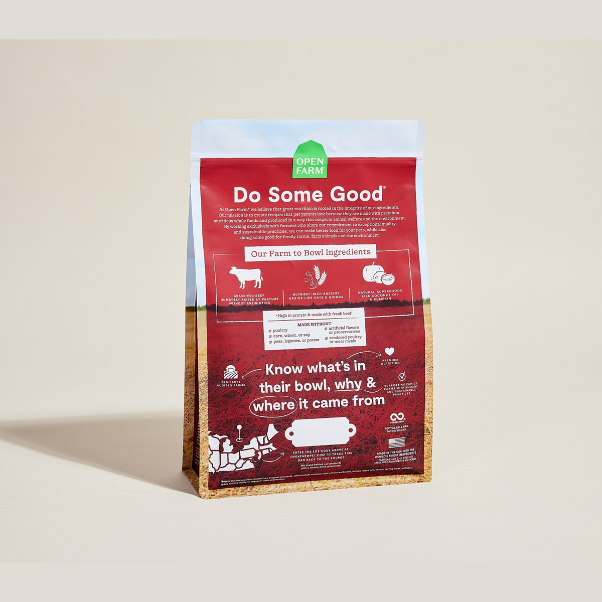Open Farm Grass-Fed Beef & Ancient Grains Dog Kibble -- back of bag with ingredients and feeding guide