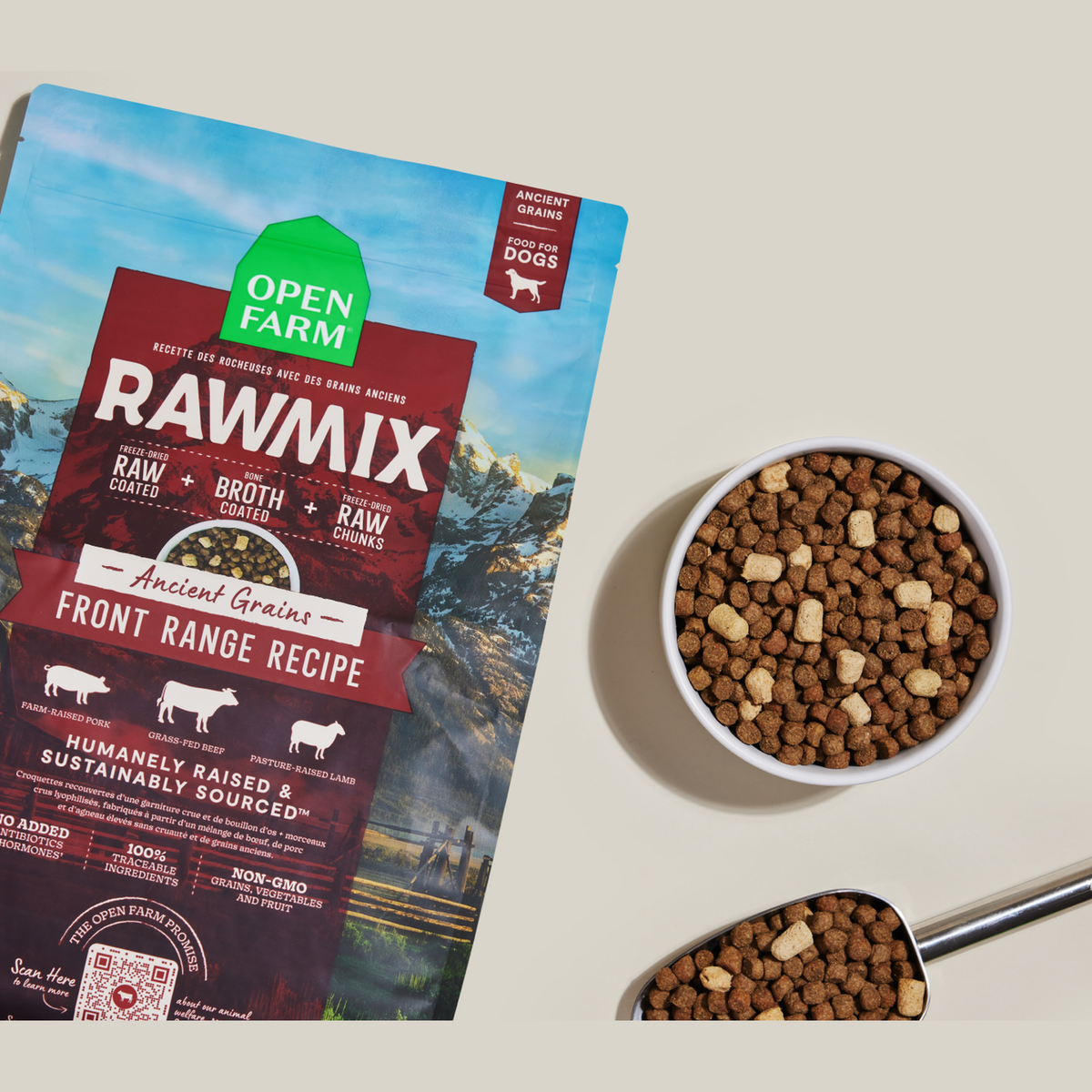 Open Farm RawMix Front Range Ancient Grains Dog Kibble -- bag with a bowl of kibble