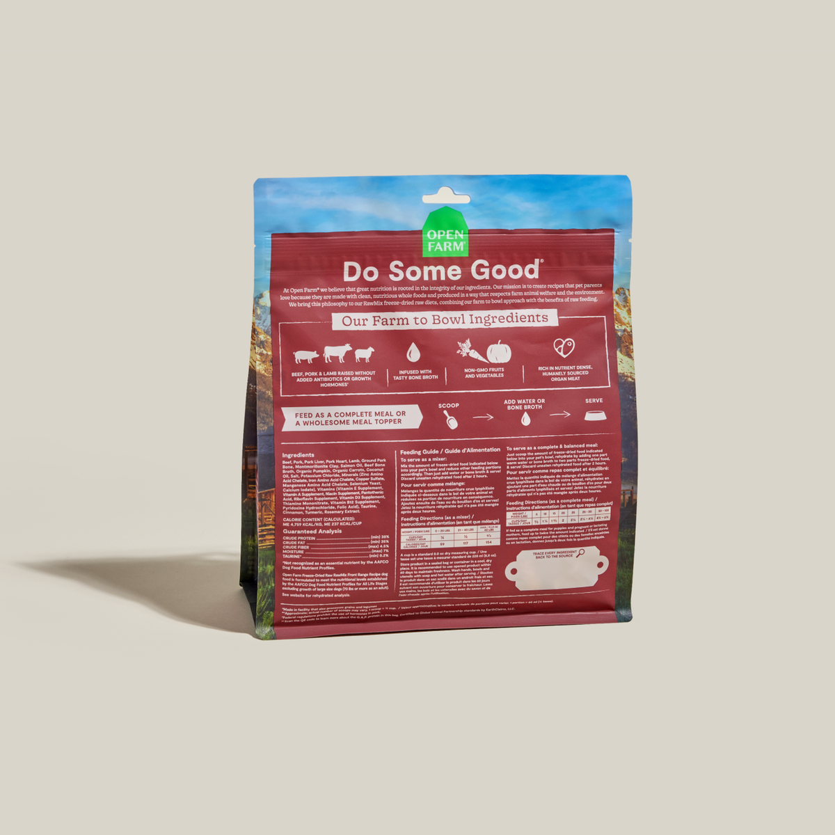 Open Farm RawMix Front Range Freeze Dried Raw Morsels for Dogs -- open farm rawmix front range freeze dried raw morsels bag back with ingredients and feeding guide