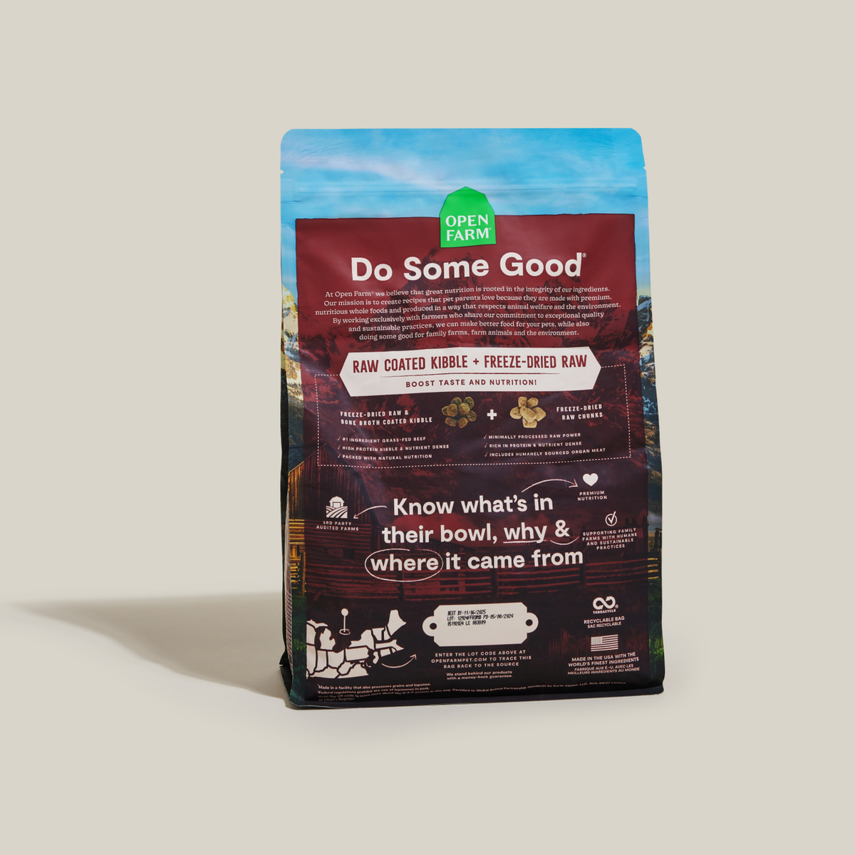 Open Farm RawMix Front Range Grain-Free Dog Kibble -- back of pack: raw coated kibble plus freeze-dried raw