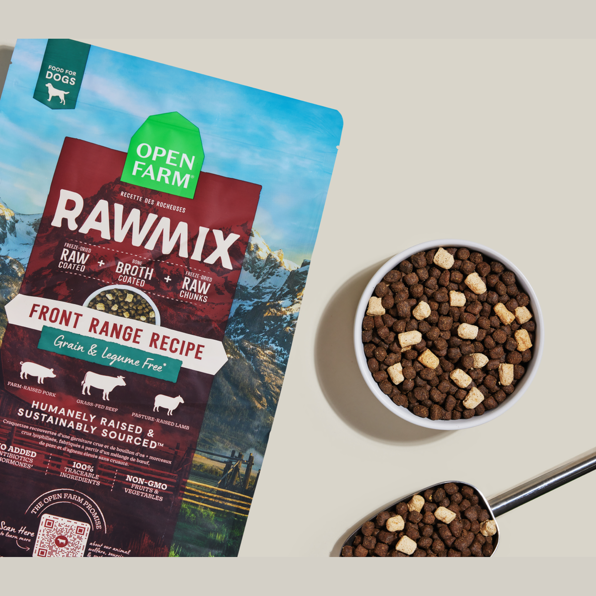 Open Farm RawMix Front Range Grain-Free Dog Kibble -- bag with a bowl of kibble and raw chunks