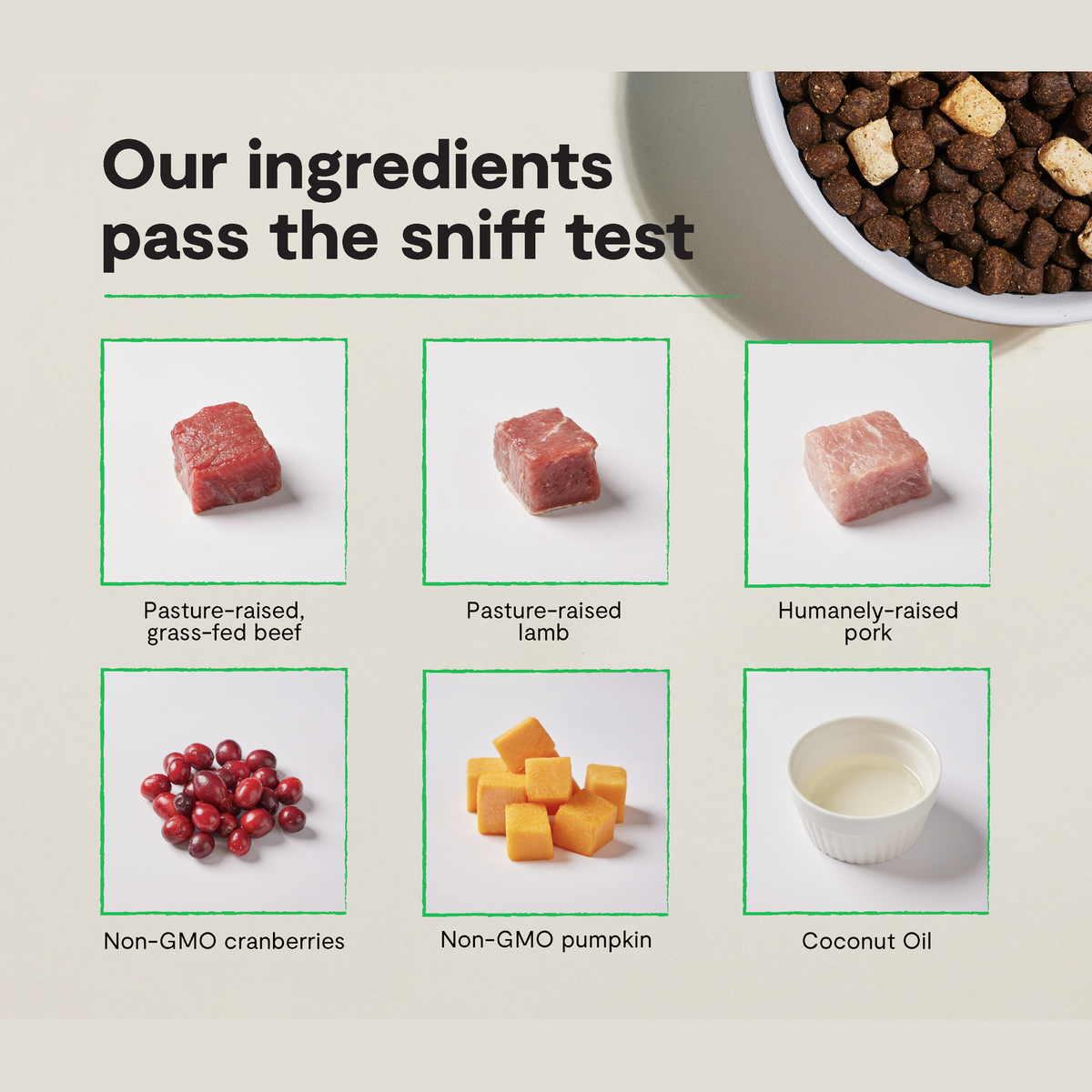Open Farm RawMix Front Range Grain-Free Dog Kibble -- our ingredients pass the sniff test: grass-fed beef