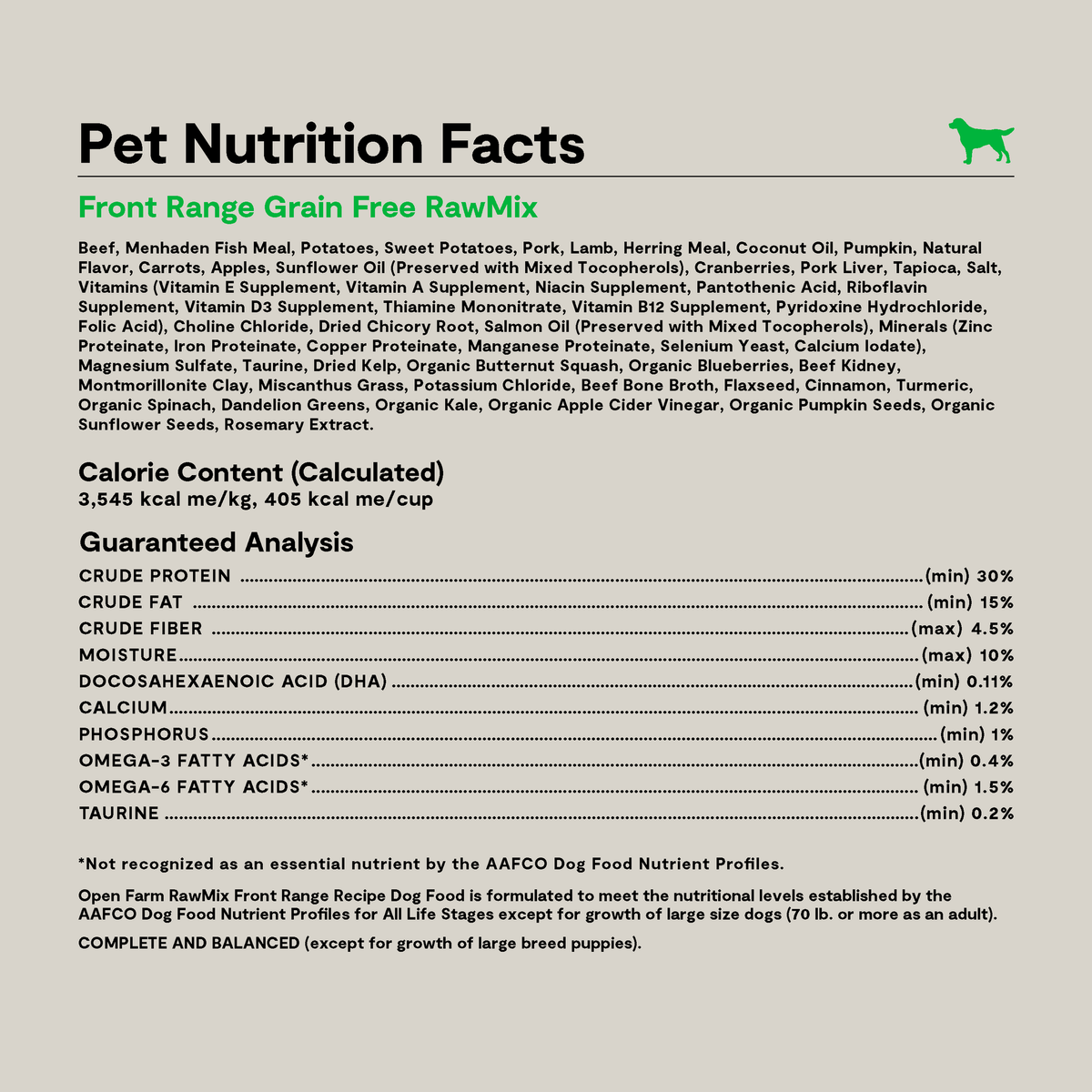 Open Farm RawMix Front Range Grain-Free Dog Kibble -- pet nutrition facts panel with ingredients
