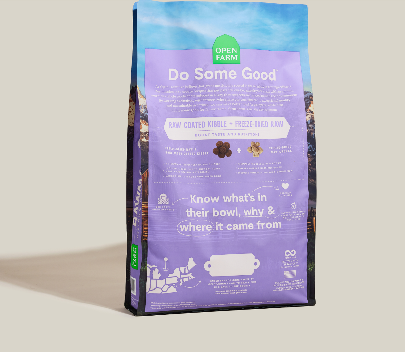 Open Farm RawMix Large Breed Grain-Free Dog Kibble back-of-pack details