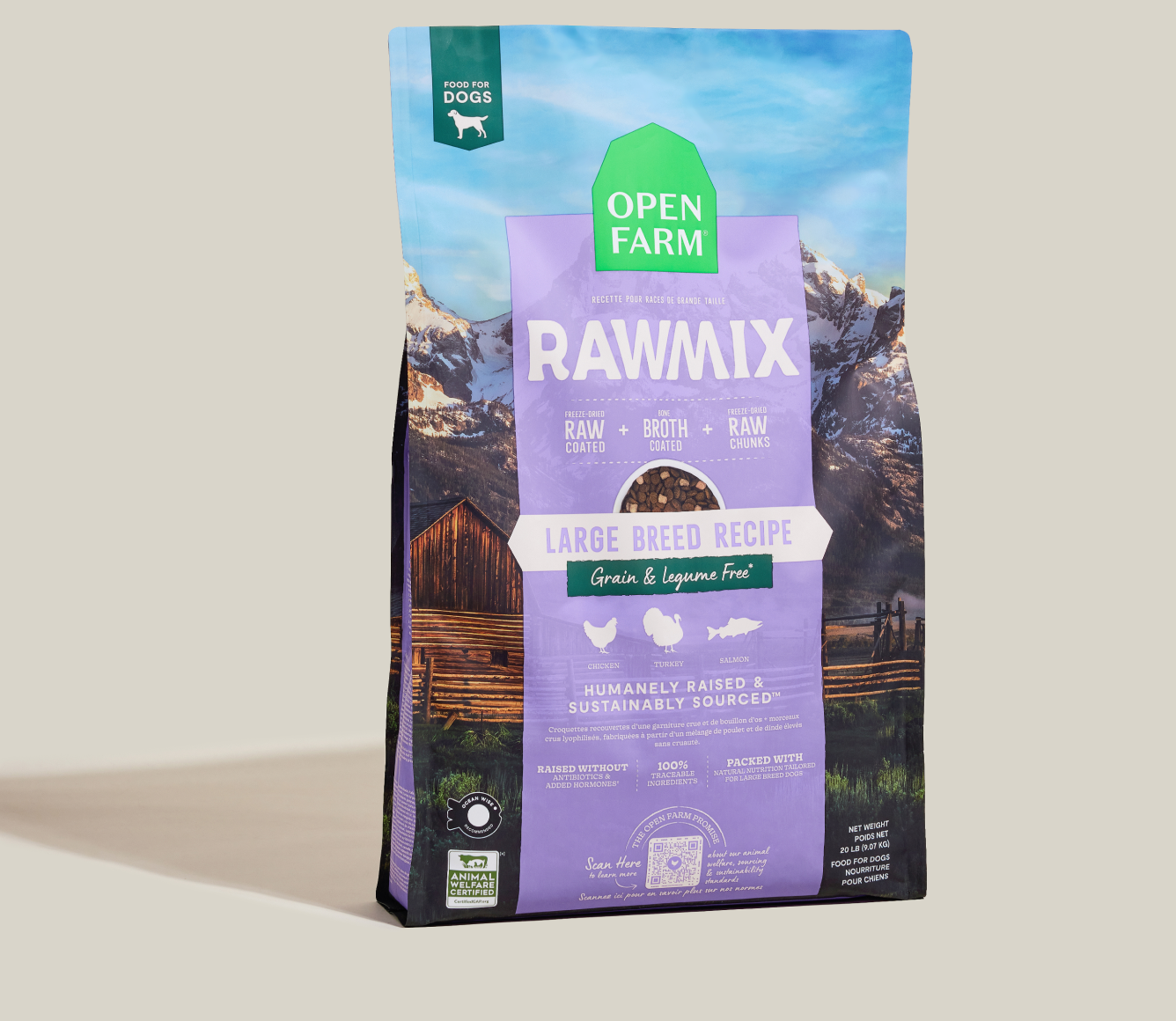 Open Farm RawMix Large Breed Grain-Free Dog Kibble standing bag