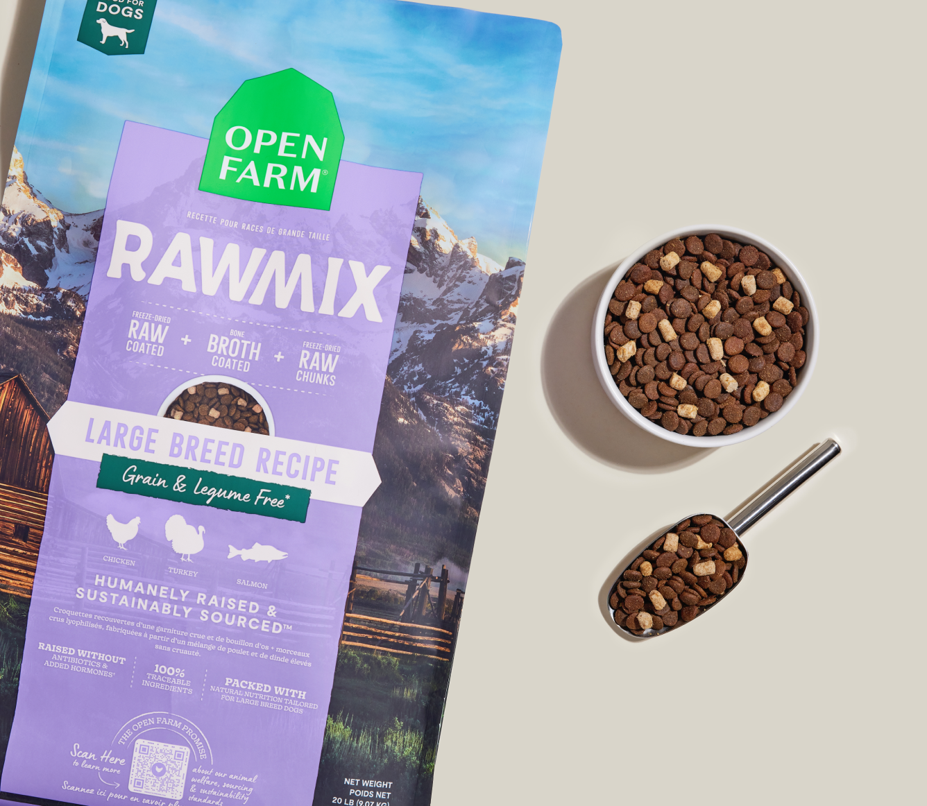 Open Farm RawMix Large Breed Grain-Free Dog Kibble bag with a bowl of kibble