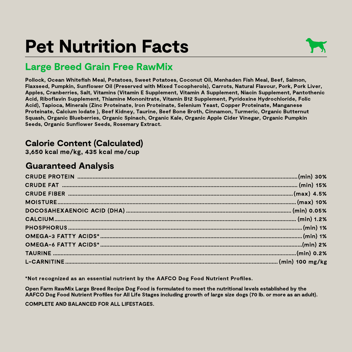 Open Farm RawMix Large Breed Grain-Free Dog Kibble -- pet nutrition facts panel with ingredients and guaranteed analysis
