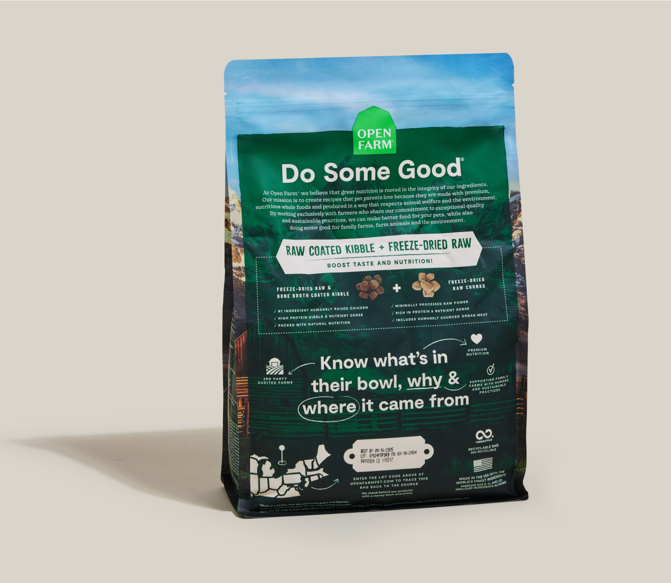 Open Farm RawMix Open Prairie Ancient Grains Dog Kibble back-of-pack details