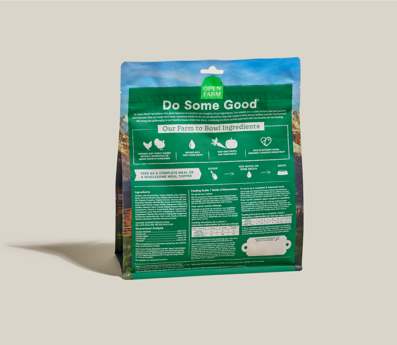Open Farm RawMix Open Prairie Freeze Dried Raw Morsels bag back with ingredients and feeding guide