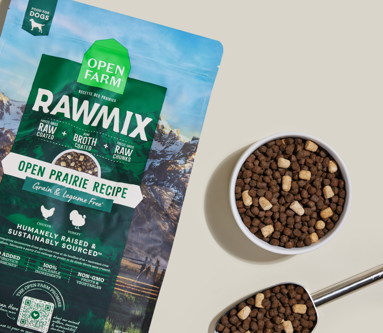 Open Farm RawMix Open Prairie Grain-Free Dog Kibble bag with a bowl of kibble