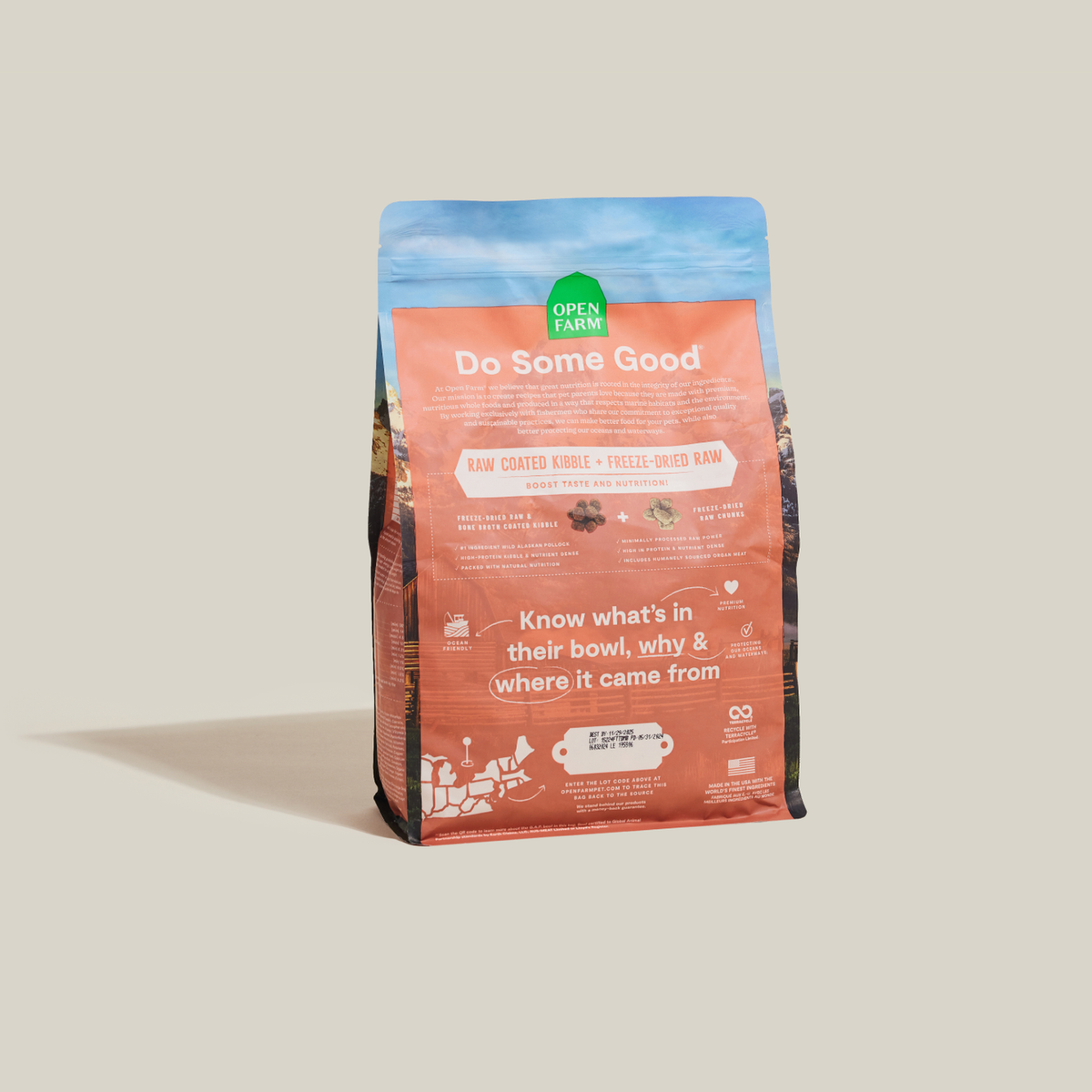 Open Farm RawMix Tide & Terrain Ancient Grains Dog Kibble -- back-of-pack details