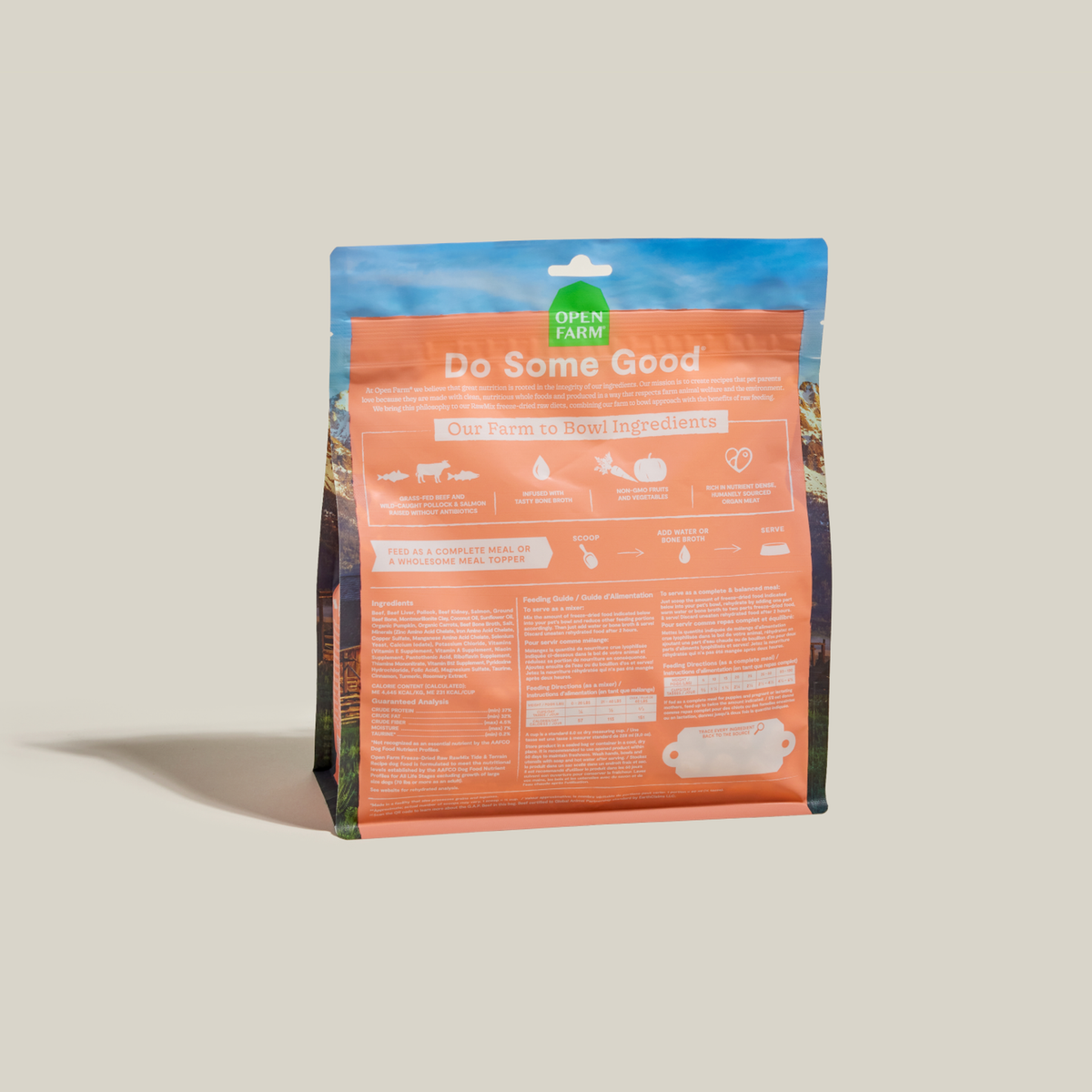 Open Farm RawMix Tide & Terrain Freeze Dried Raw Morsels for Dogs -- open farm rawmix tide & terrain freeze dried raw morsels bag back with ingredients and feeding guide