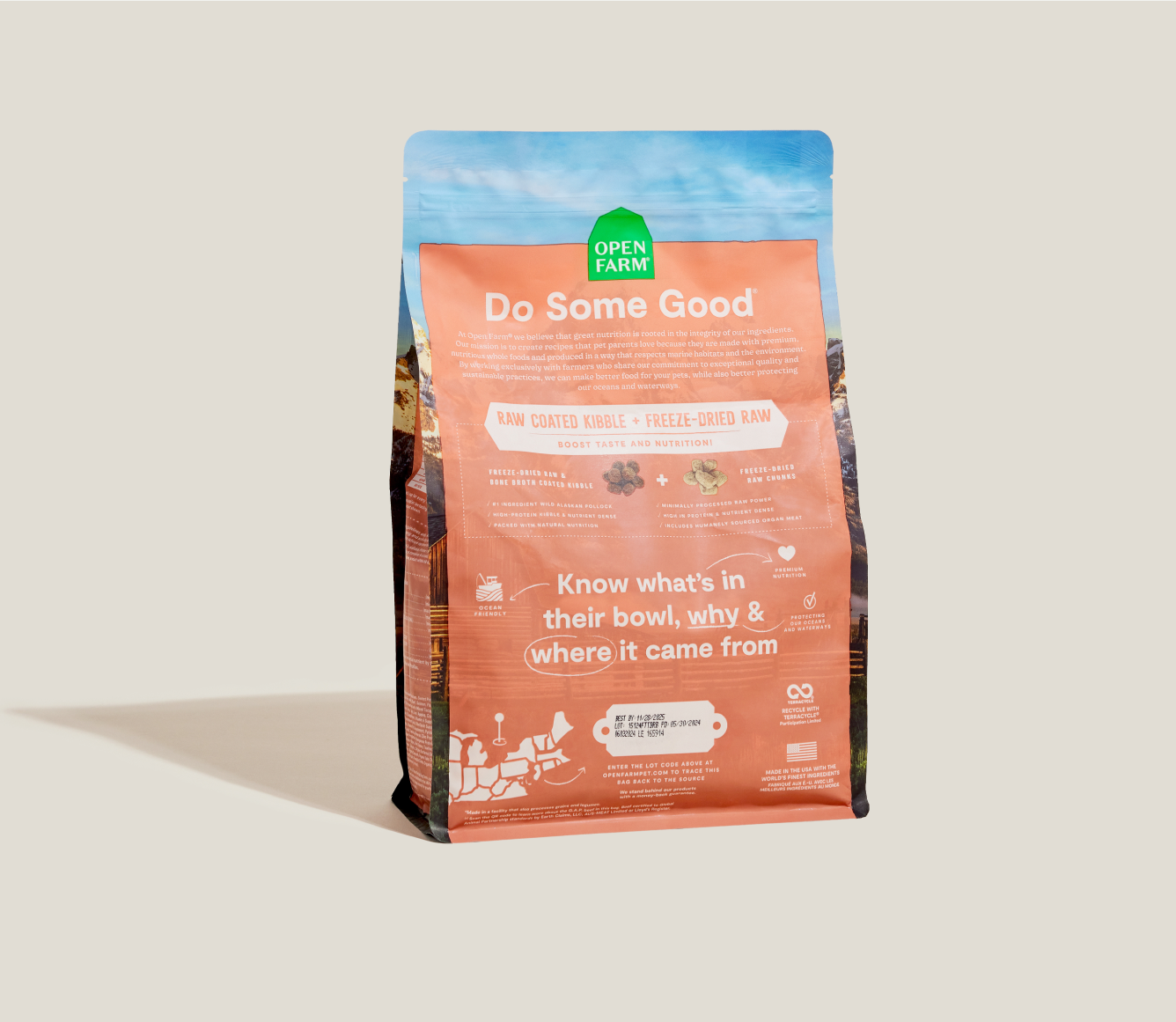 Open Farm RawMix Tide & Terrain Grain-Free Dog Kibble back-of-pack details