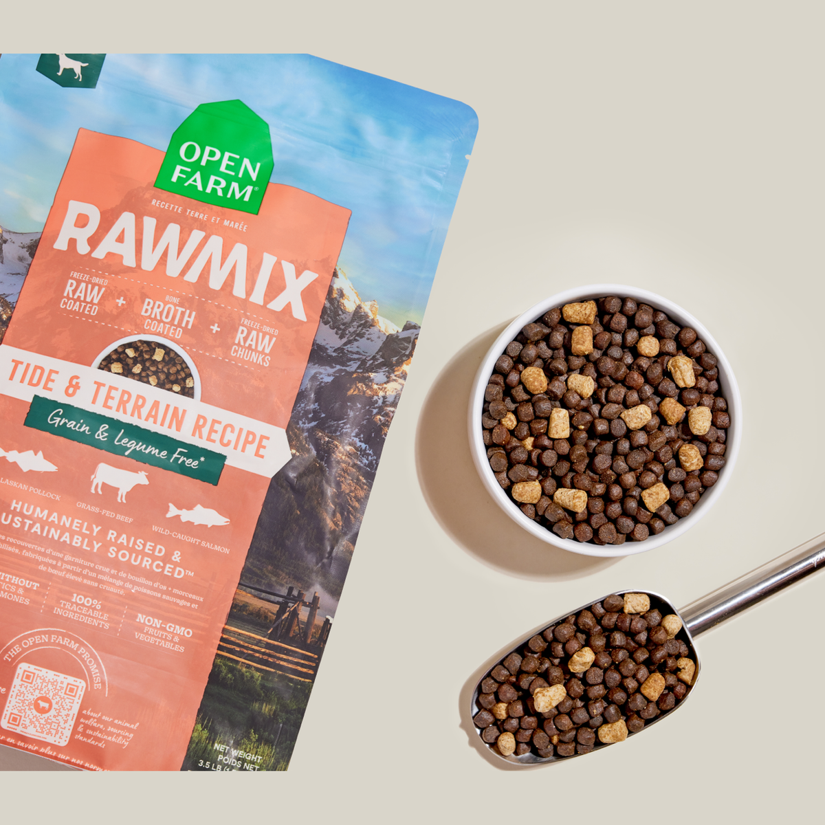 Open Farm RawMix Tide & Terrain Grain-Free Dog Kibble -- bag with a bowl of kibble