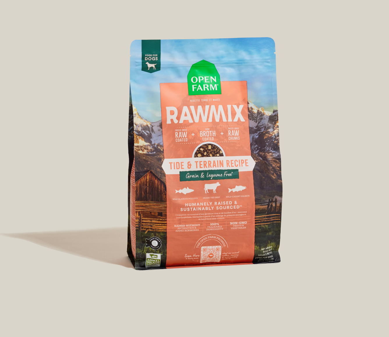 Open Farm RawMix Tide & Terrain Grain-Free Dog Kibble standing bag