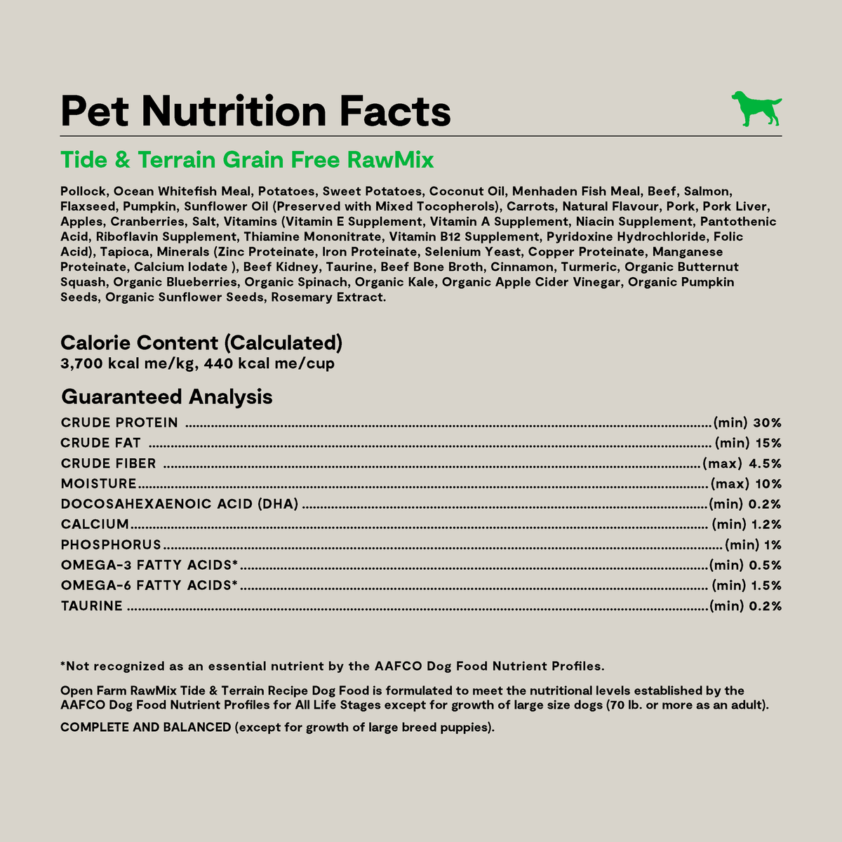 Open Farm RawMix Tide & Terrain Grain-Free Dog Kibble -- pet nutrition facts panel with ingredients and guaranteed analysis