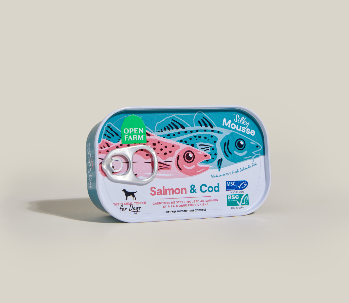Open Farm Salmon & Cod Silky Mousse Topper for Dogs can angled view