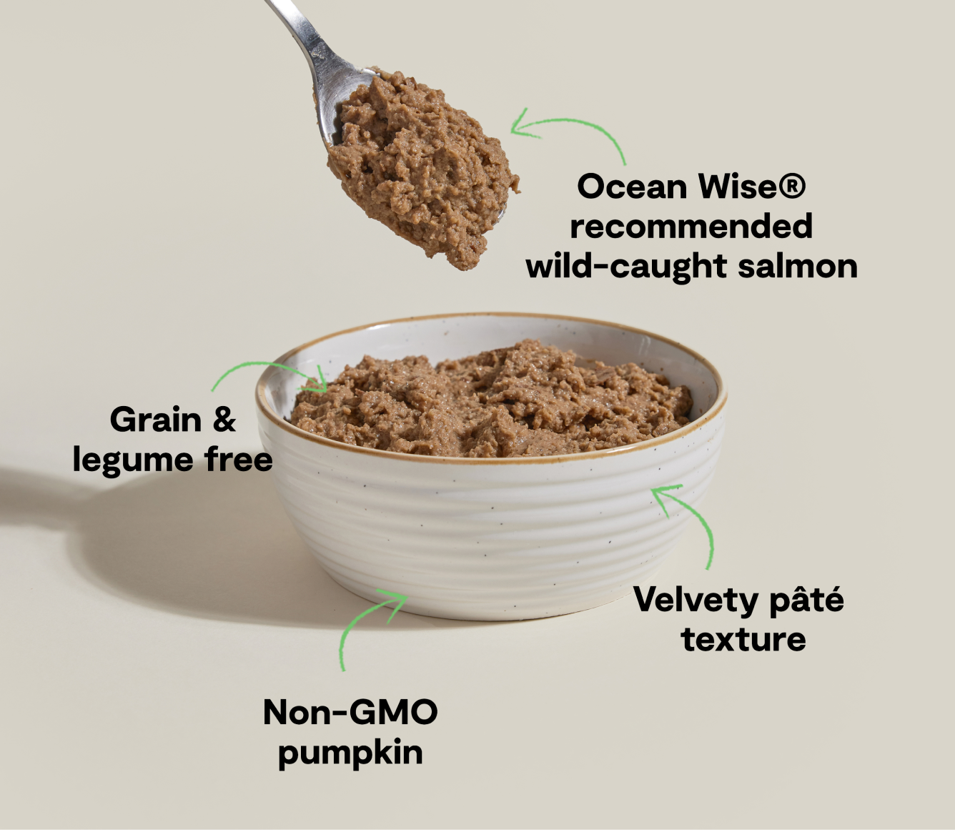 Open Farm salmon pâté benefits: Ocean Wise recommended wild-caught salmon, grain and legume free, non-GMO pumpkin, velvety texture