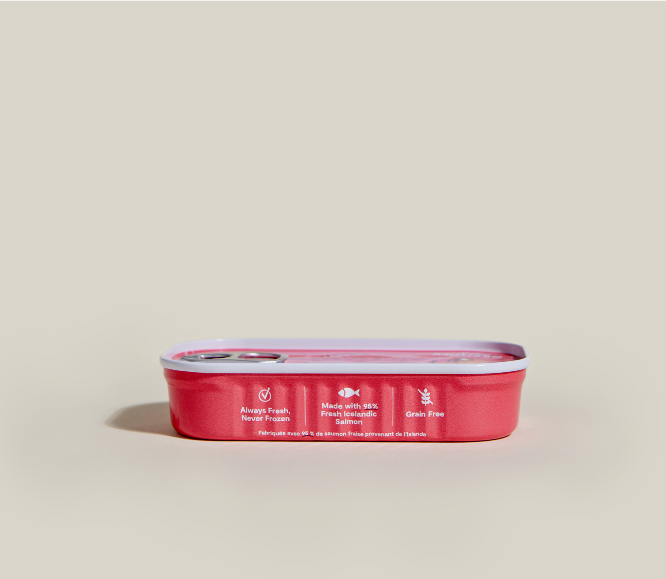 Open Farm Salmon Topper open can showing silky mousse texture