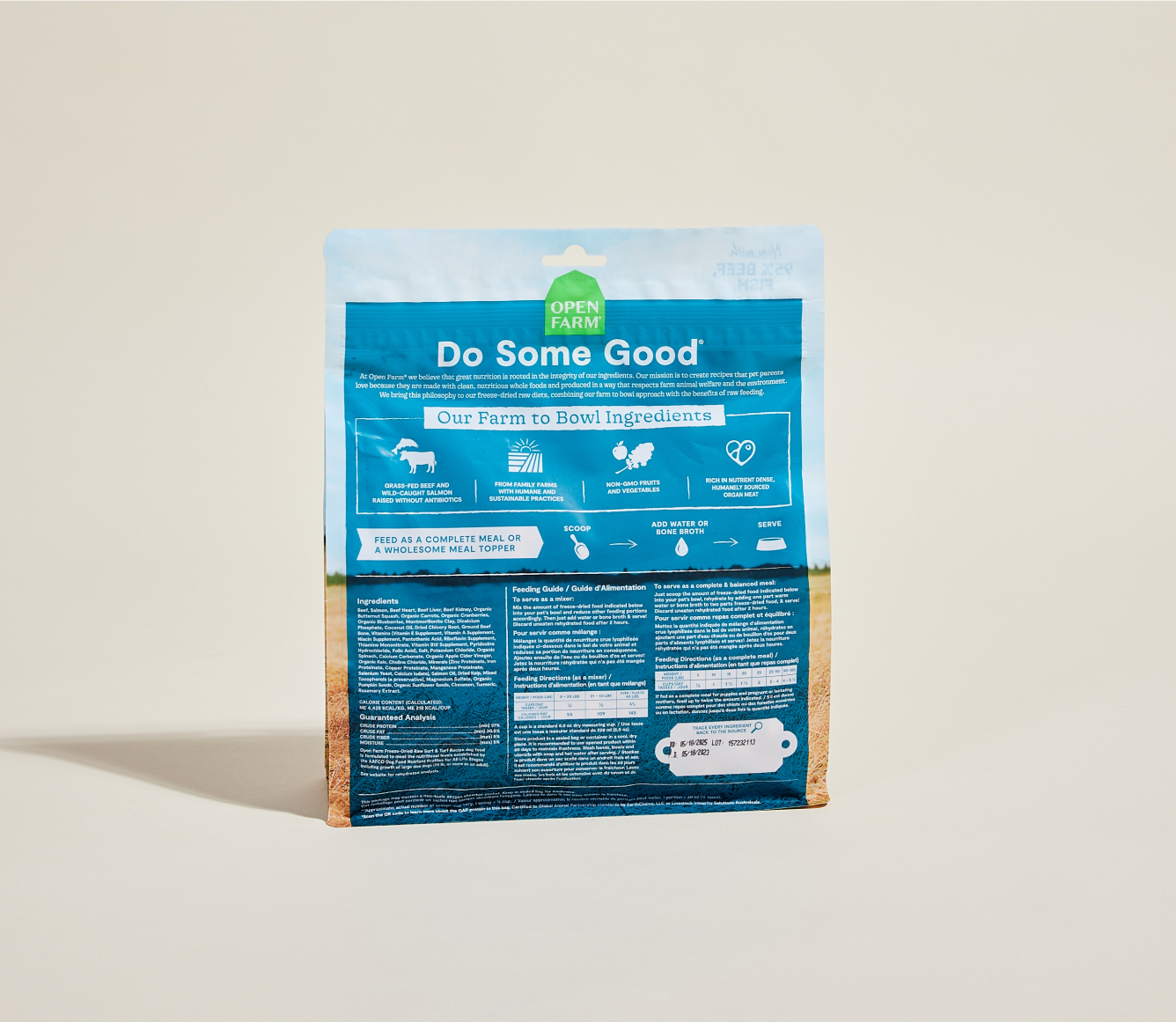 Open Farm Surf & Turf Freeze Dried Raw Morsels bag back with ingredients and feeding guide