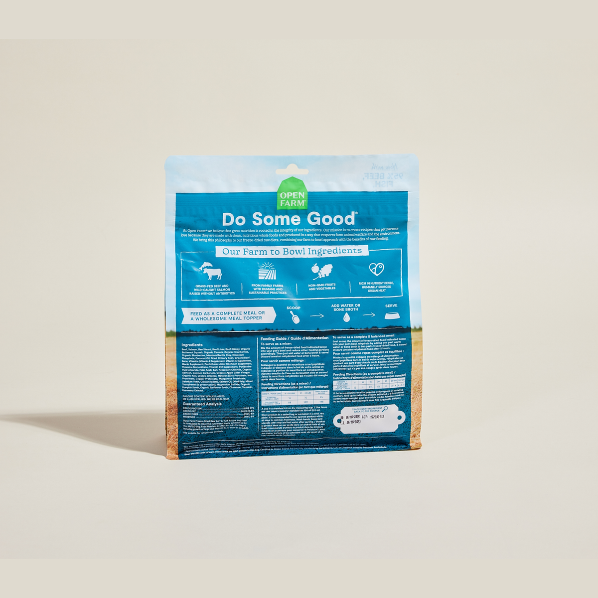 Open Farm Surf & Turf Freeze Dried Raw Morsels for Dogs -- open farm surf & turf freeze dried raw morsels bag back with ingredients and feeding guide