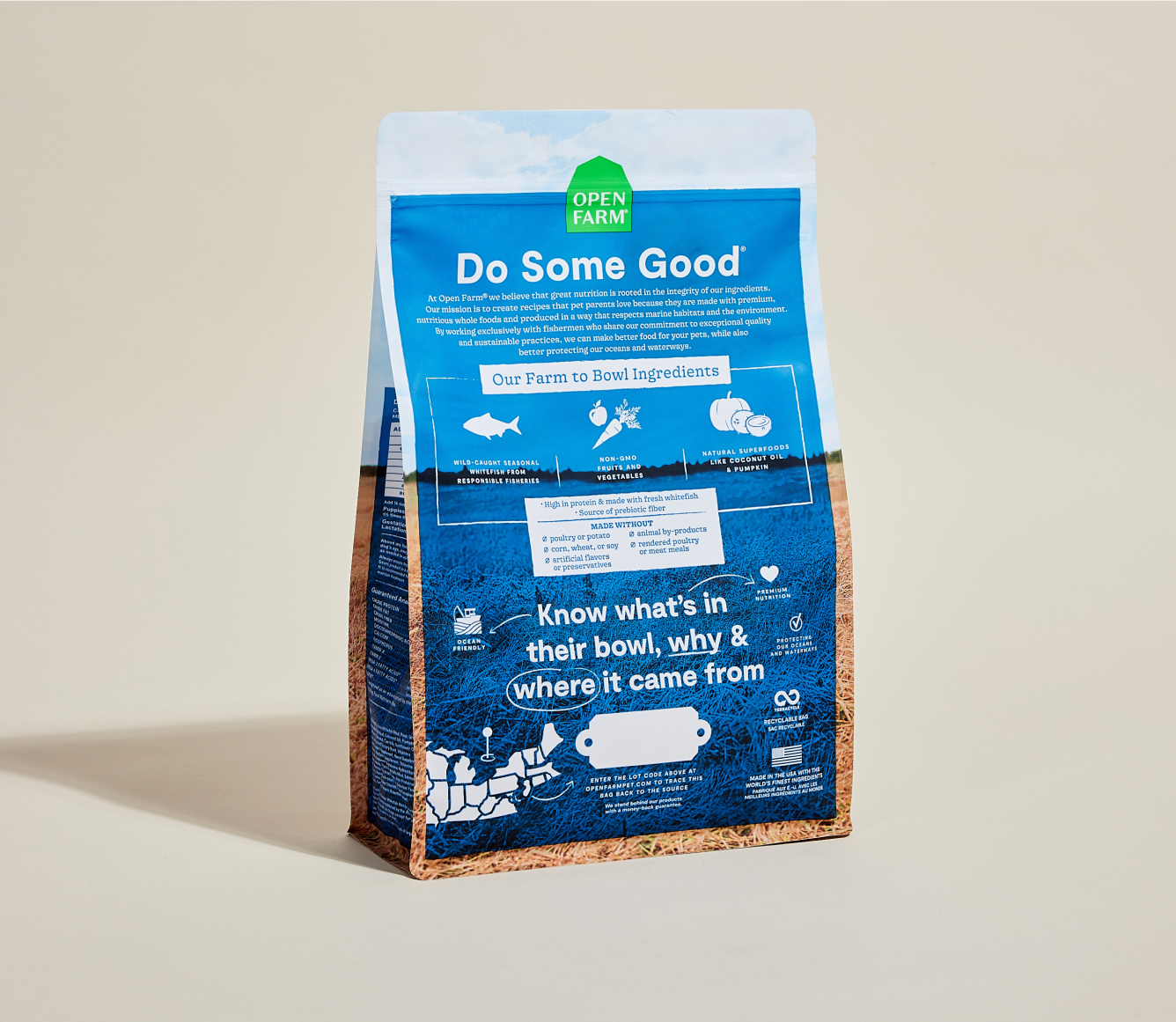 Open Farm Whitefish Grain-Free Dog Kibble back of bag with ingredients and feeding guide