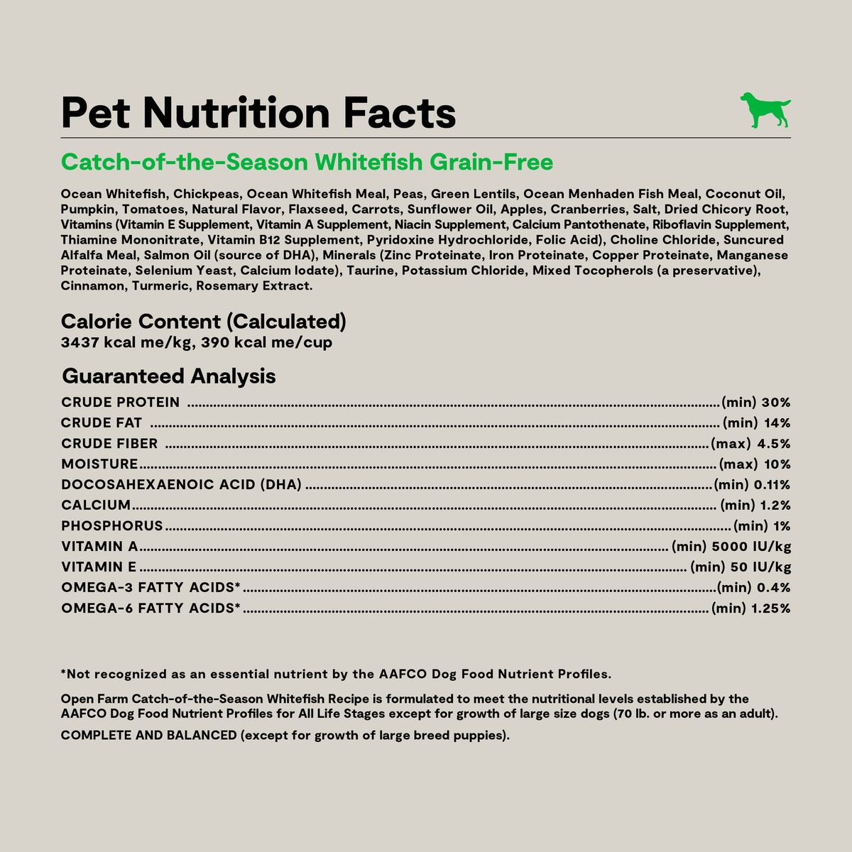 Open Farm Whitefish Grain-Free Dog Kibble -- pet nutrition facts panel with ingredients and guaranteed analysis