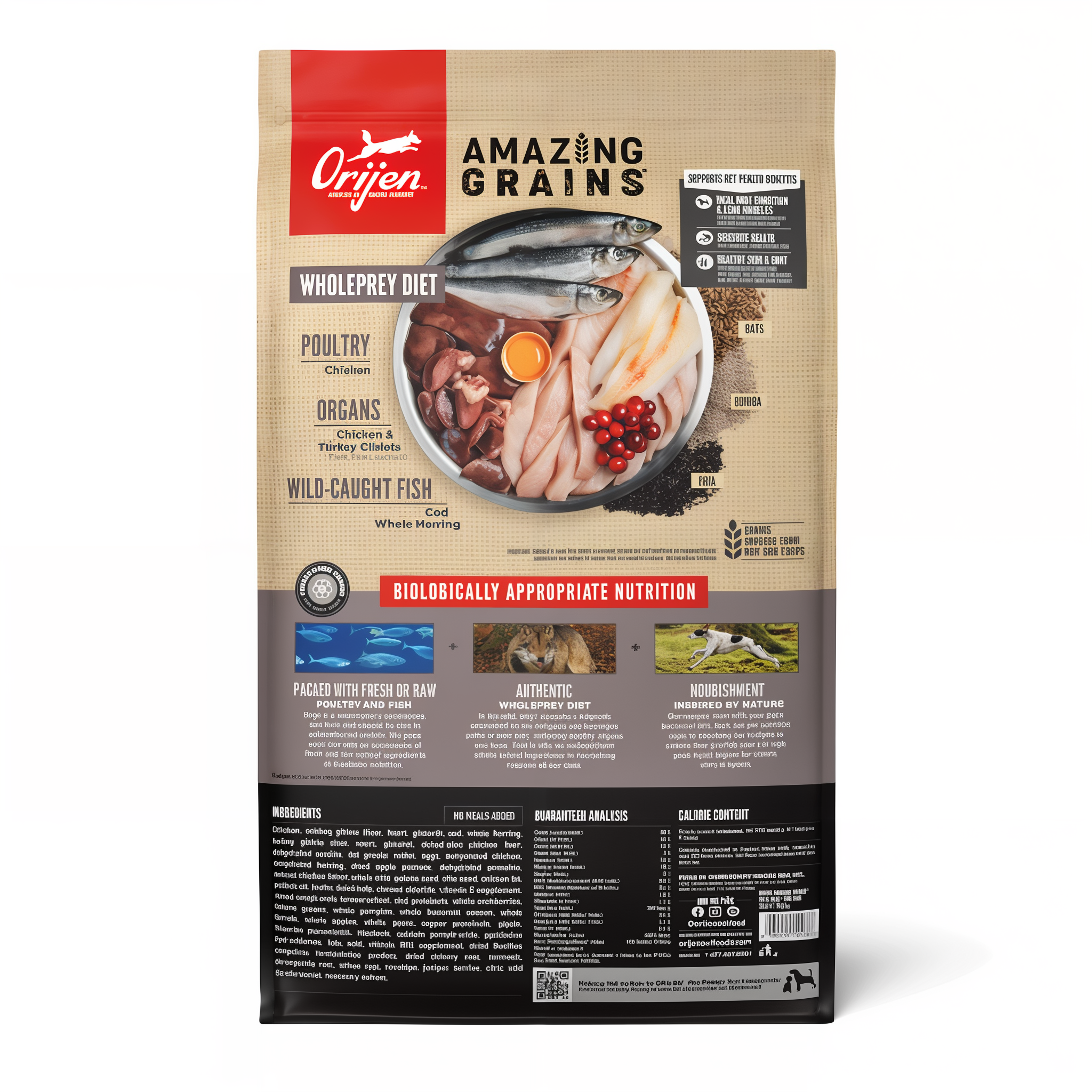 ORIJEN Amazing Grains Fit & Trim back of bag showing WholePrey chicken, giblets, cod and herring with guaranteed analysis and ingredients
