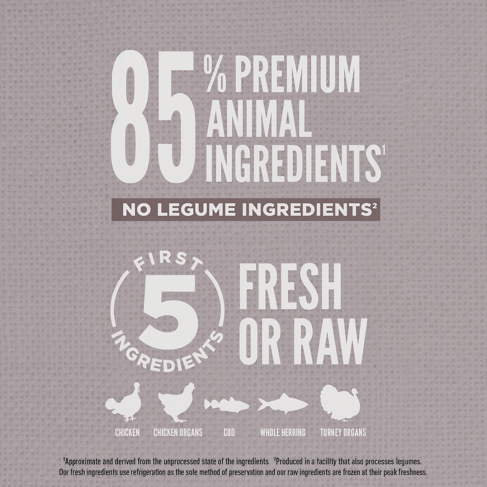 ORIJEN Amazing Grains Fit & Trim 85% premium animal ingredients with first five fresh or raw chicken, chicken organs, cod, whole herring and turkey organs