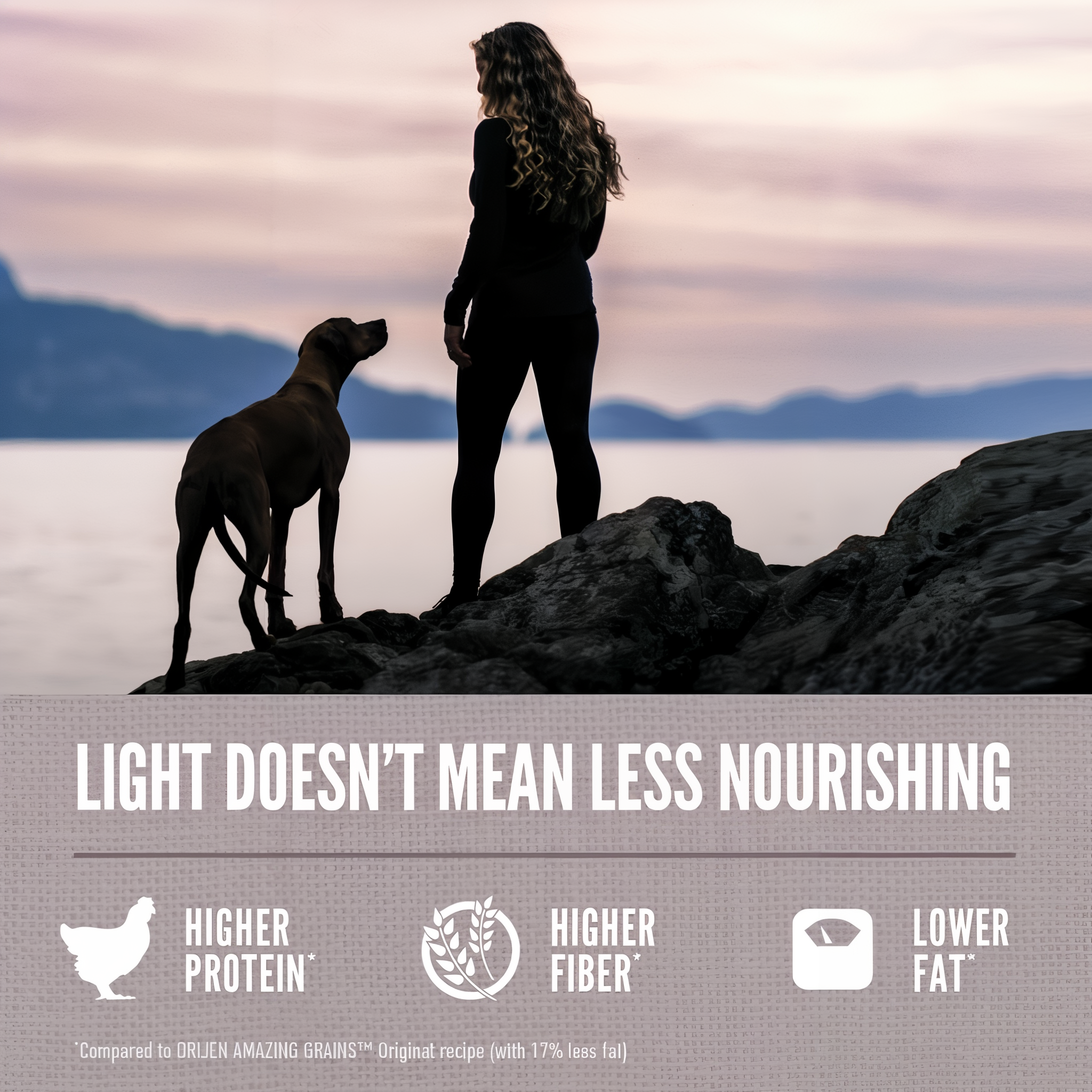 Dog and owner overlooking a lake, ORIJEN Amazing Grains Fit & Trim offers higher protein, higher fiber and lower fat