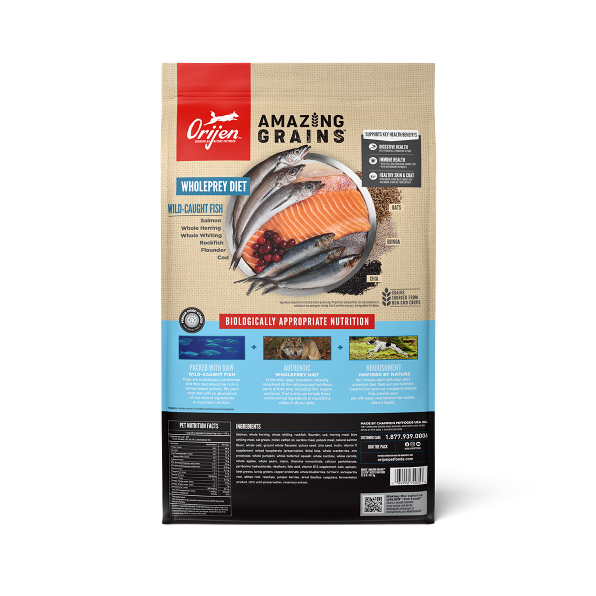 Back of the ORIJEN Amazing Grains Six Fish bag showing the WholePrey wild-caught fish diet, non-GMO grain blend and biologically appropriate nutrition
